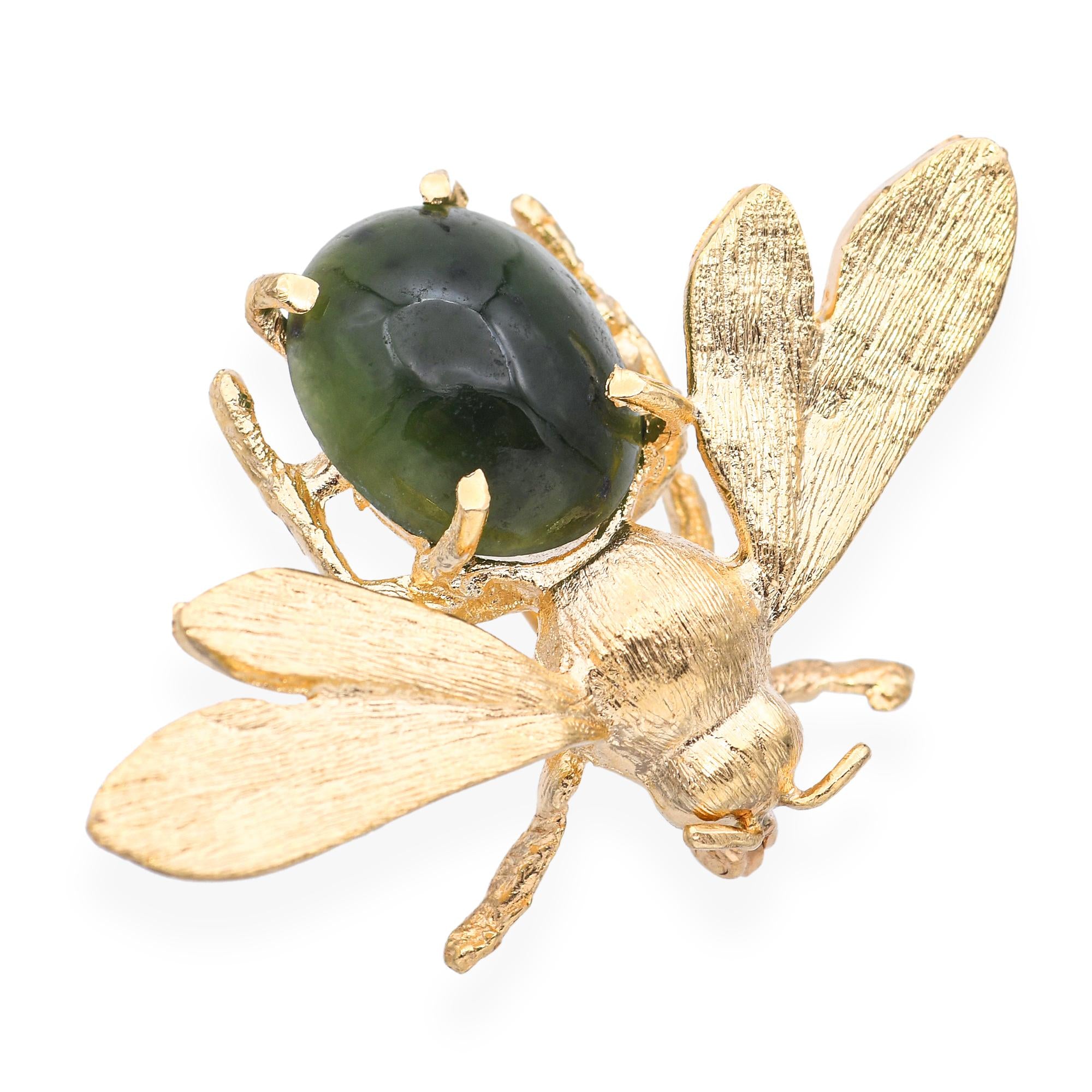 Vintage 14k Yellow Gold Jadeite Bumblebee Brooch
