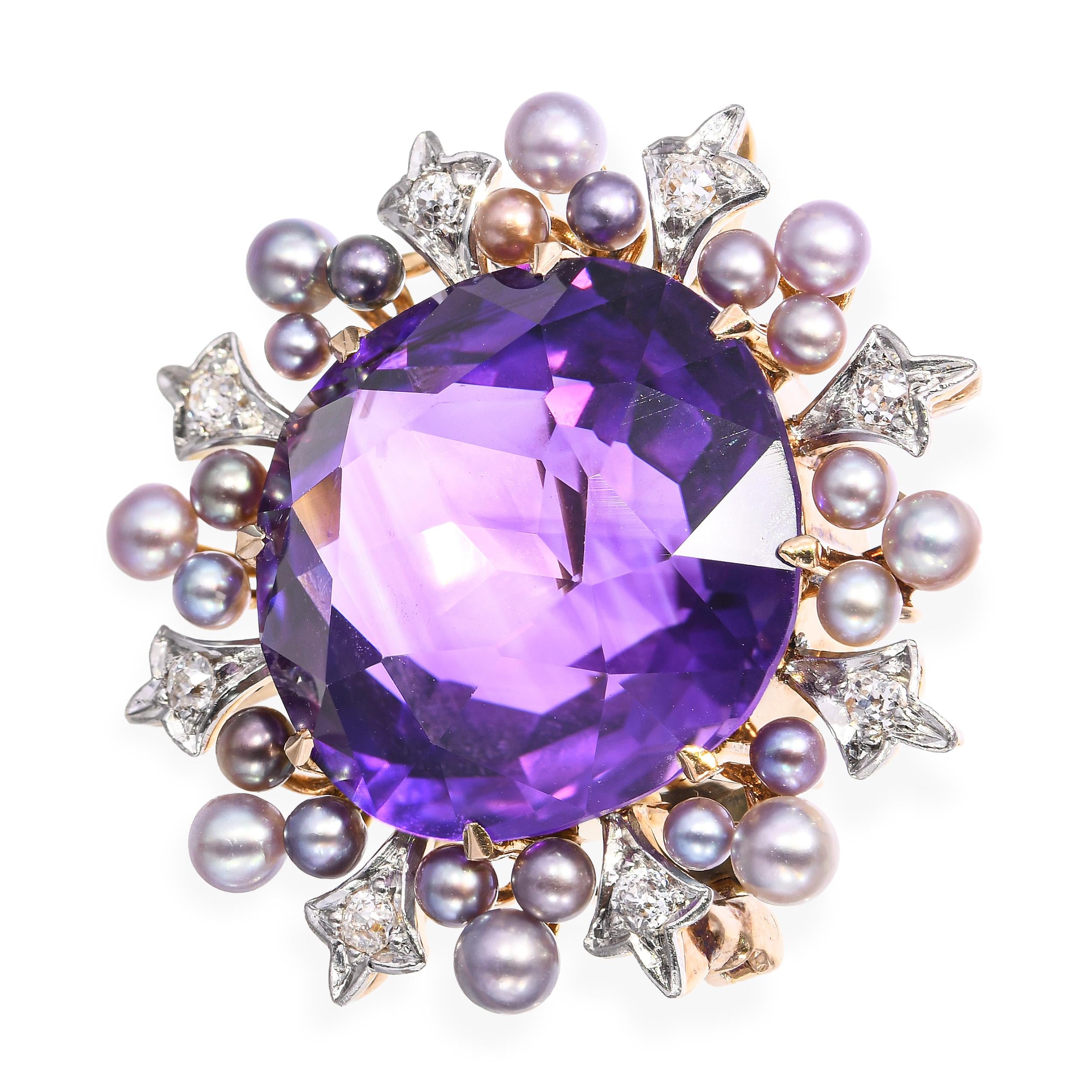 Antique 18k Yellow Gold 16.07ct Amethyst Natural Pearl & Diamond Brooch
