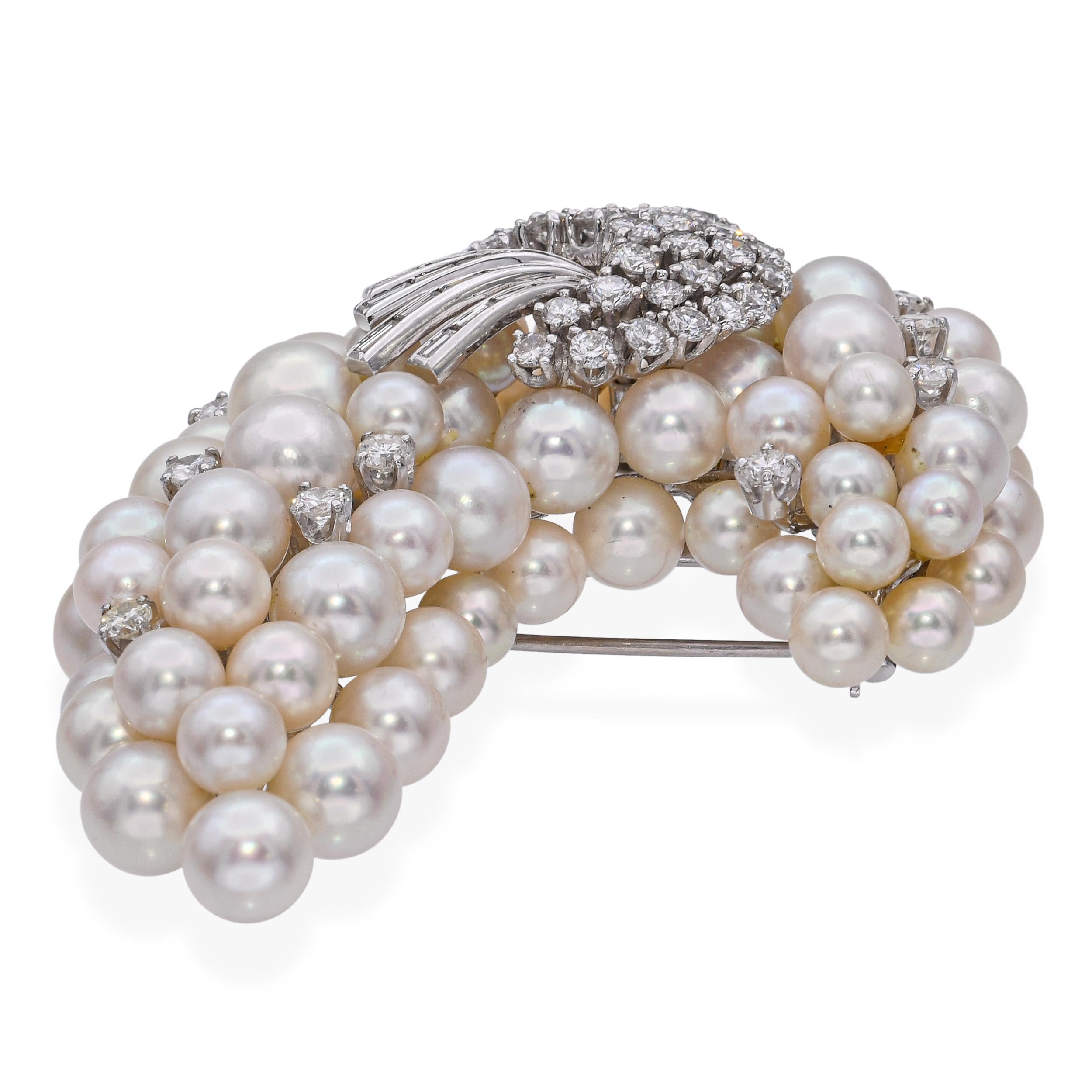 Vintage 14k White Gold Diamond and Pearl Cluster Brooch