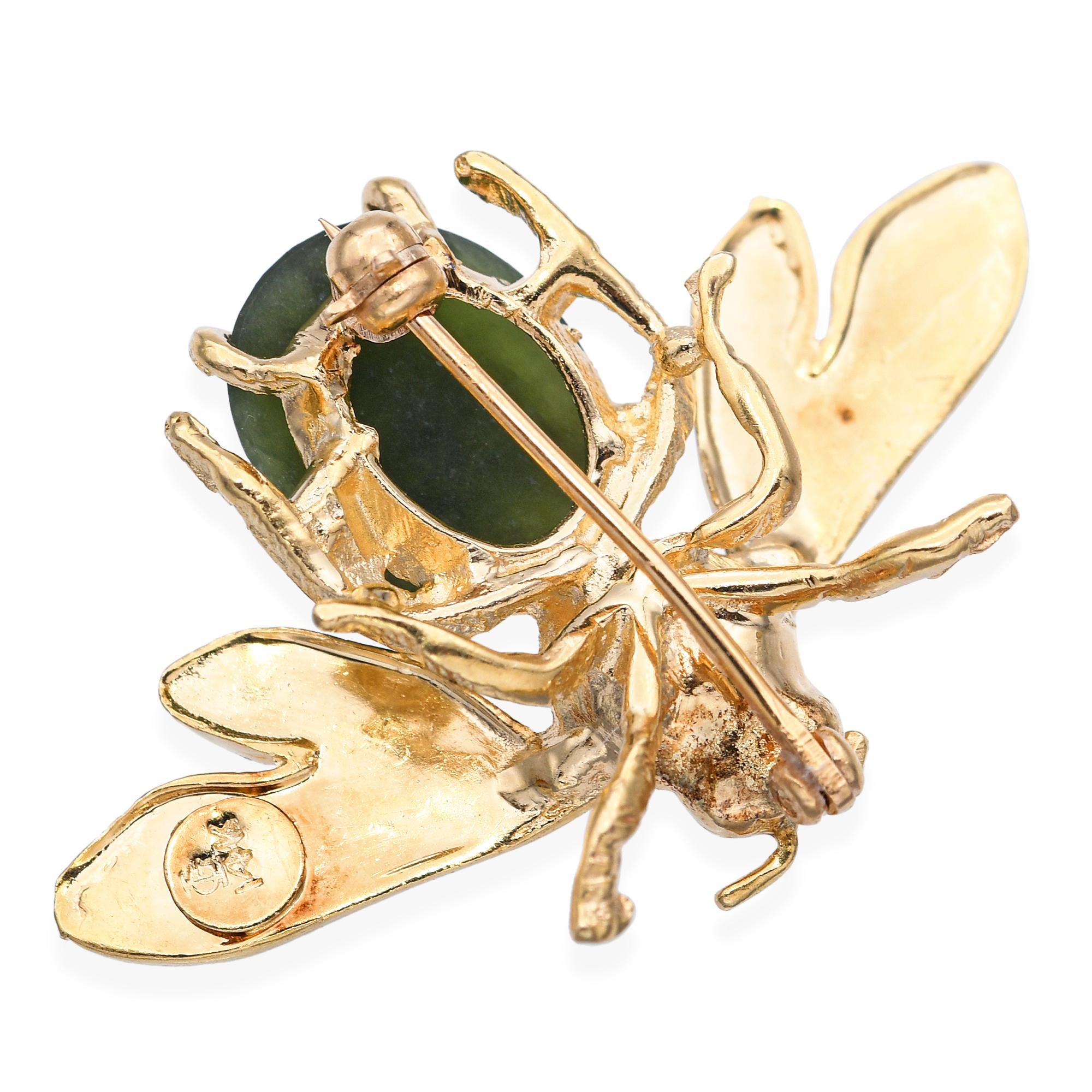 Vintage 14k Yellow Gold Jadeite Bumblebee Brooch