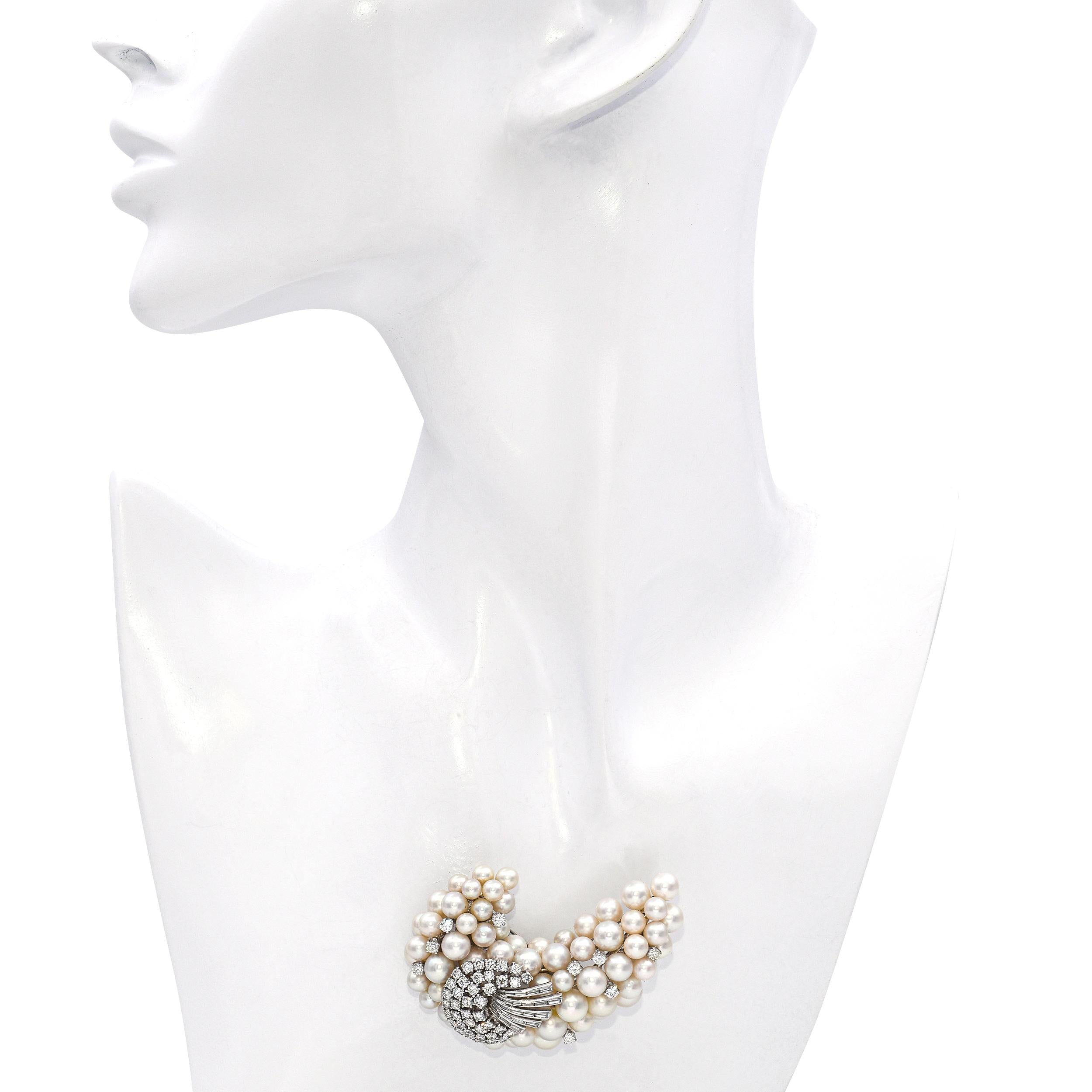 Vintage 14k White Gold Diamond and Pearl Cluster Brooch