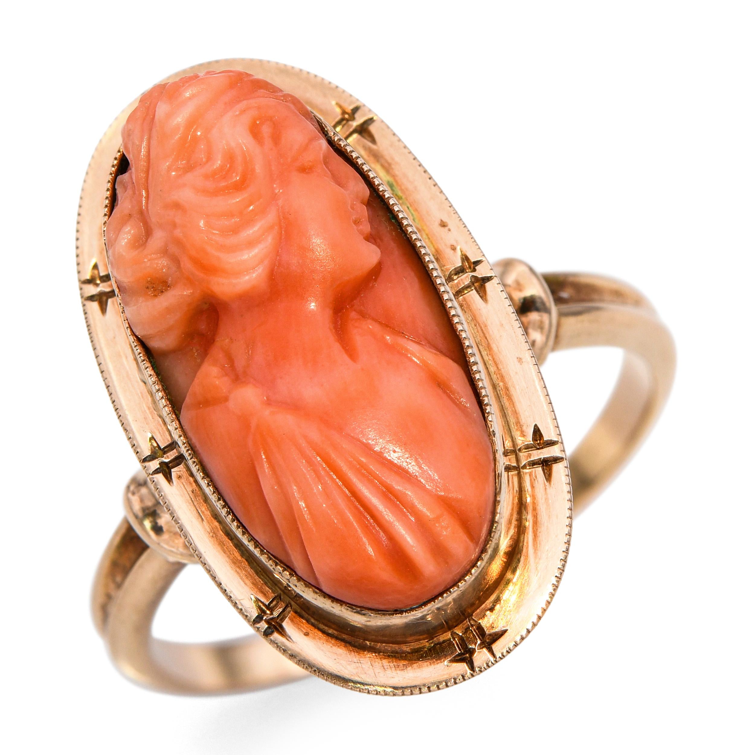 Antique 10k Yellow Gold Coral Cameo Ring