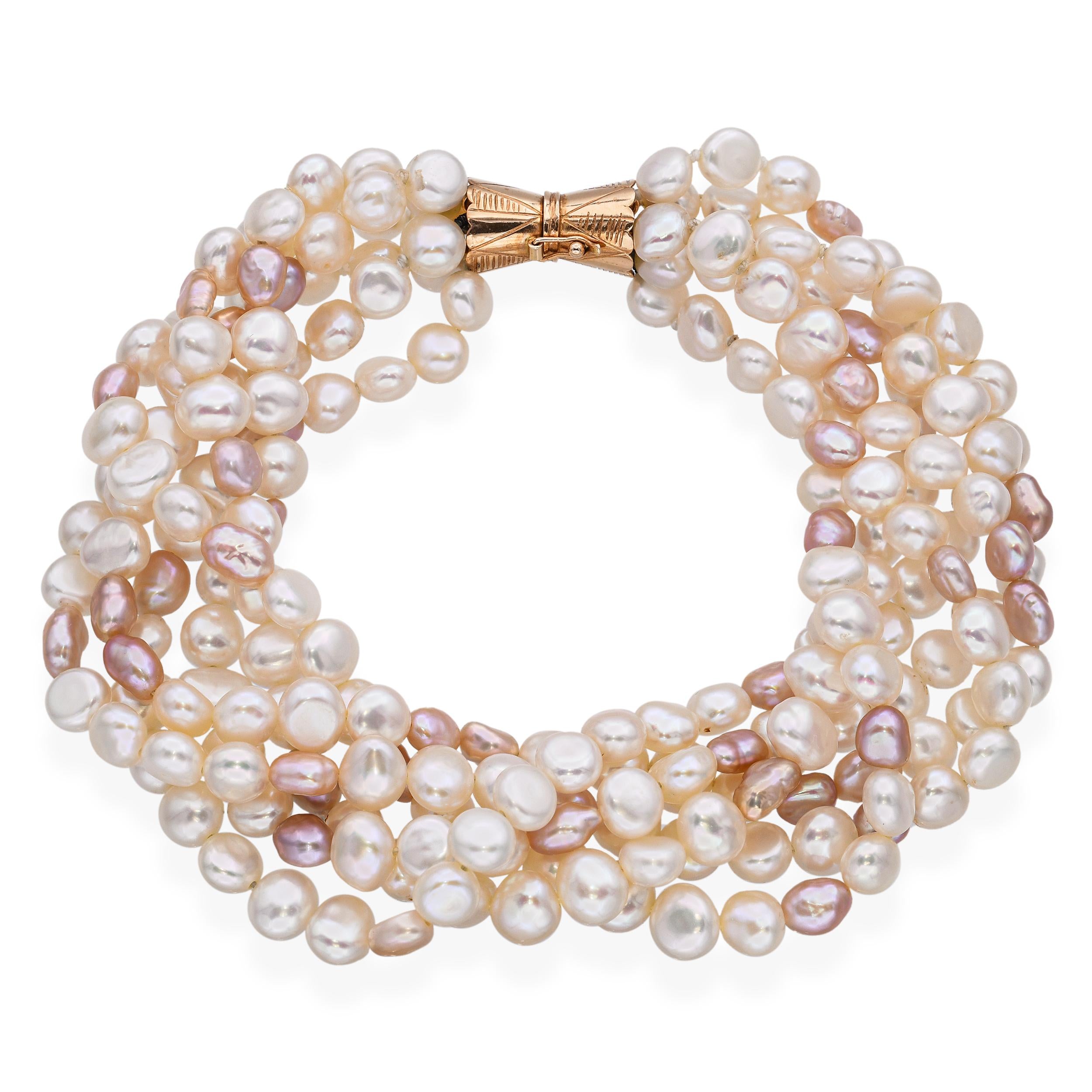 Vintage 14k Yellow Gold Six Strand Pearl Bracelet