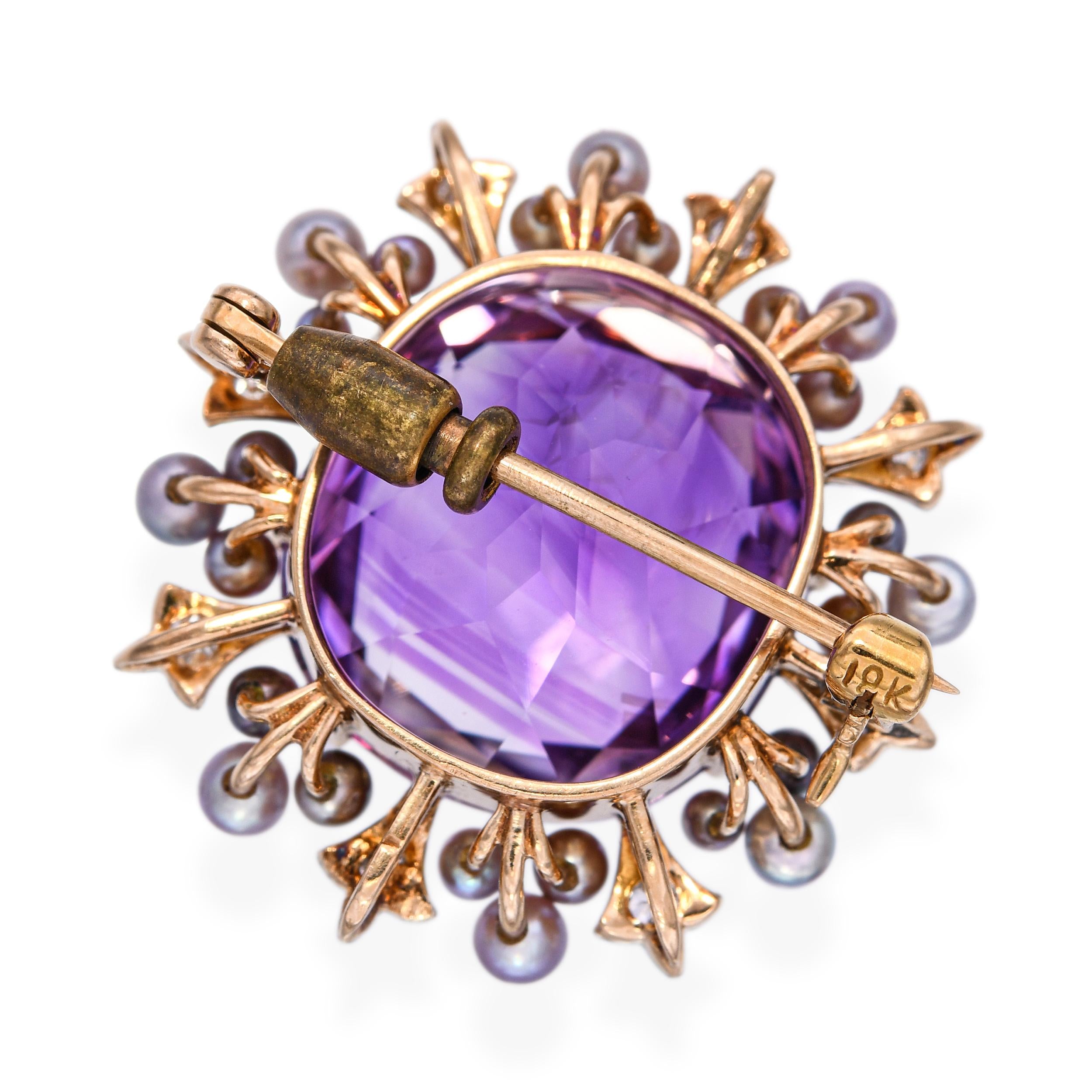 Antique 18k Yellow Gold 16.07ct Amethyst Natural Pearl & Diamond Brooch