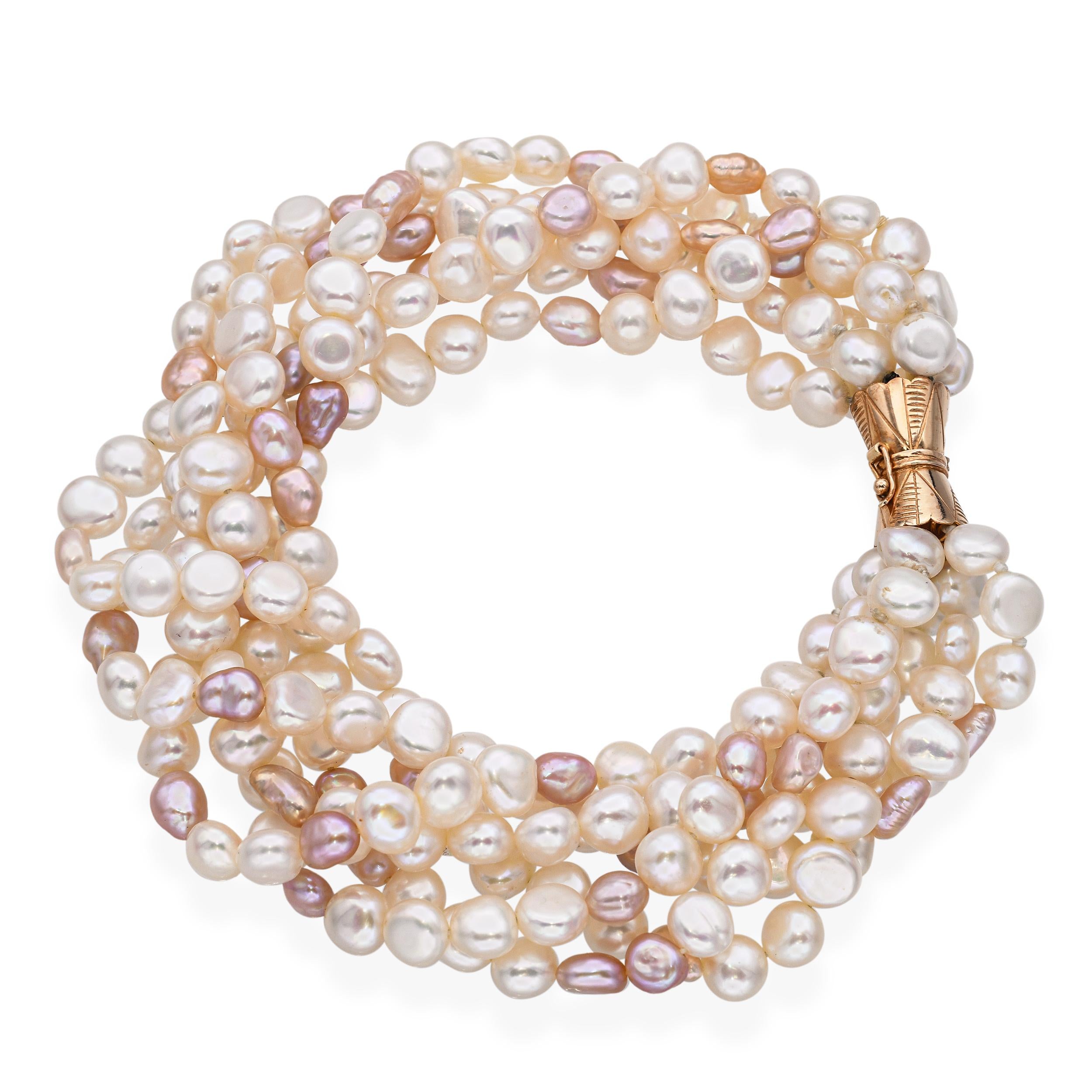 Vintage 14k Yellow Gold Six Strand Pearl Bracelet