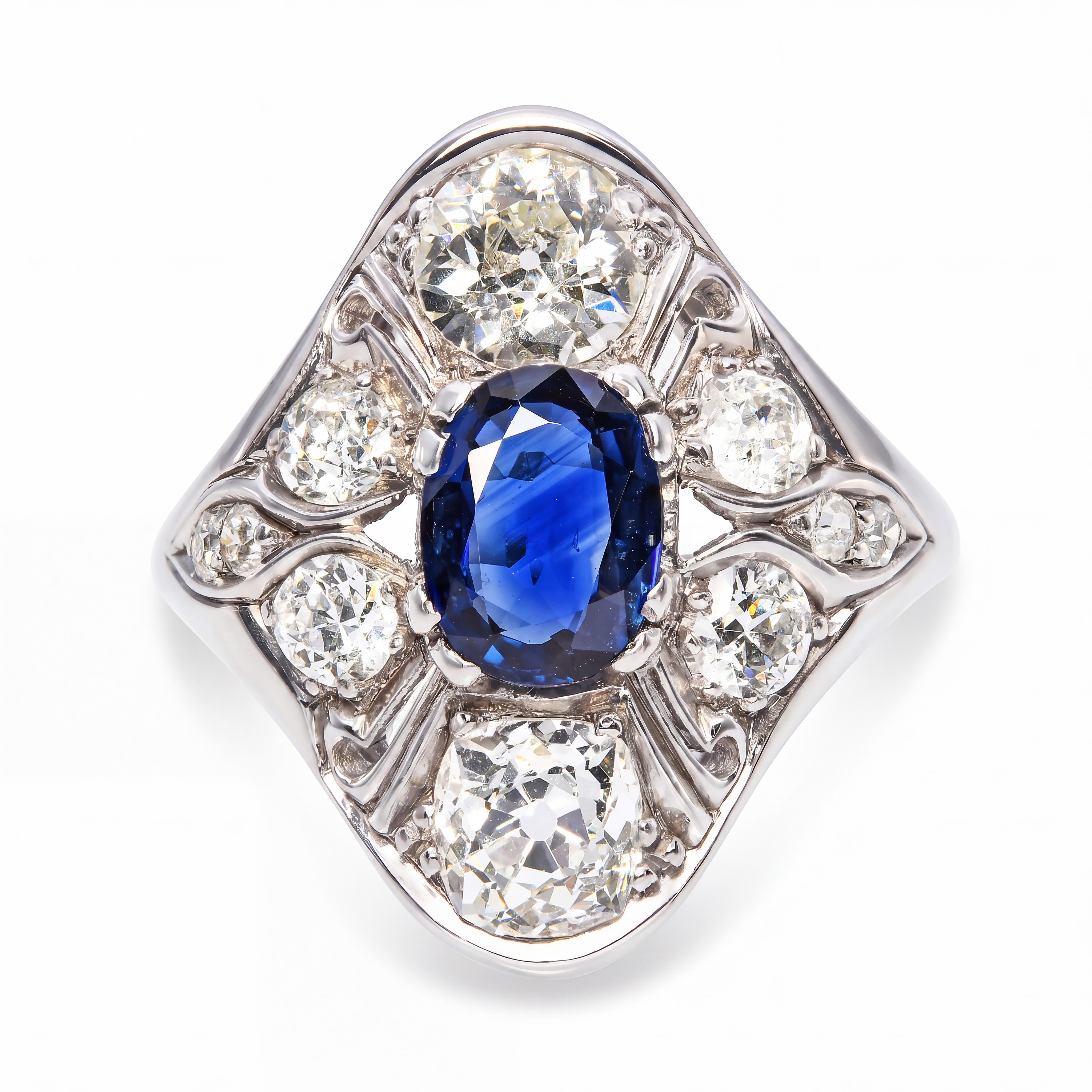Art Deco Palladium Deep Blue Sapphire & Old Euro Diamond Ring