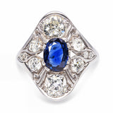 Art Deco Palladium Deep Blue Sapphire & Old Euro Diamond Ring