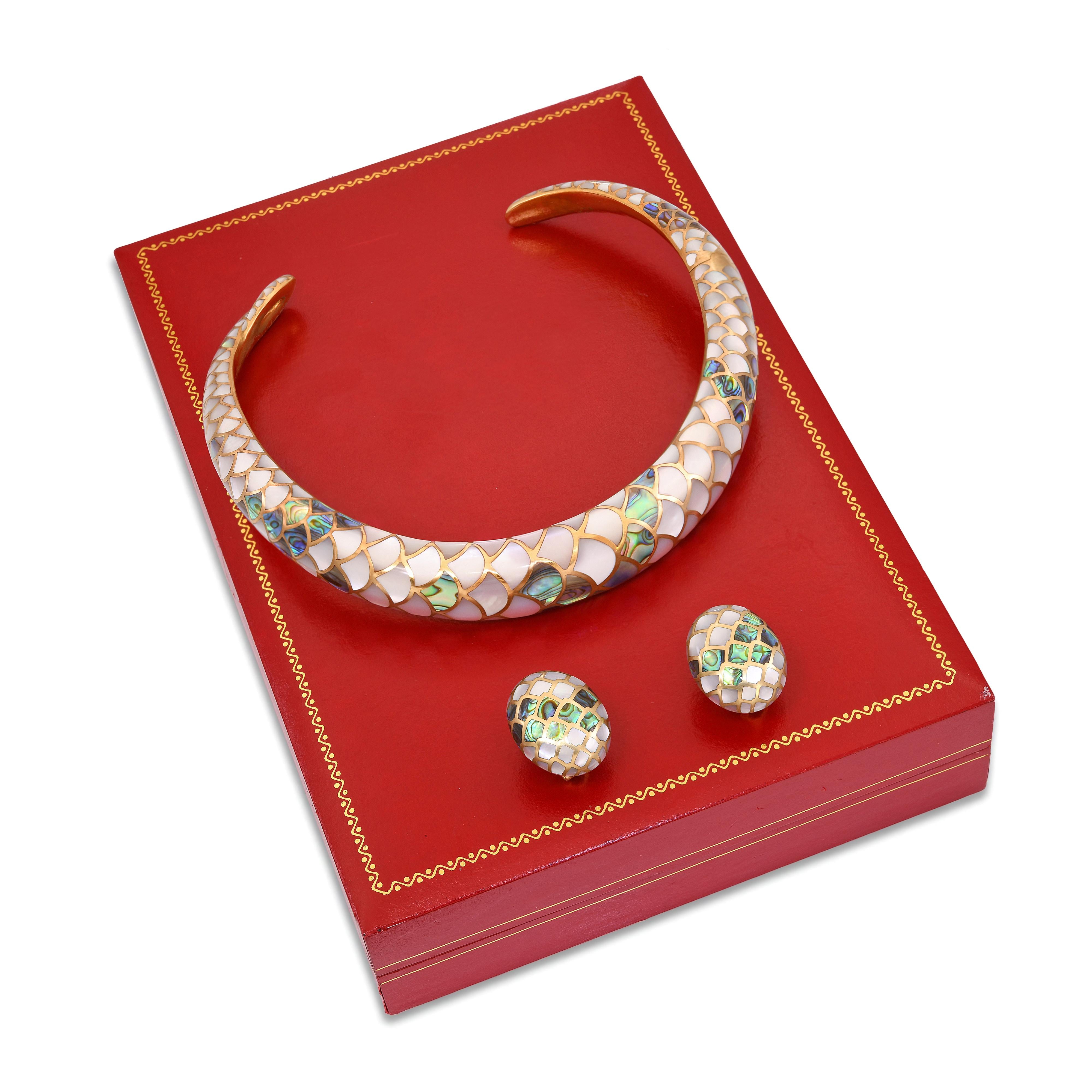 Vintage 1984 Angela Cummings 18k Yellow Gold MOP & Abalone Snakeskin Jewlery Set