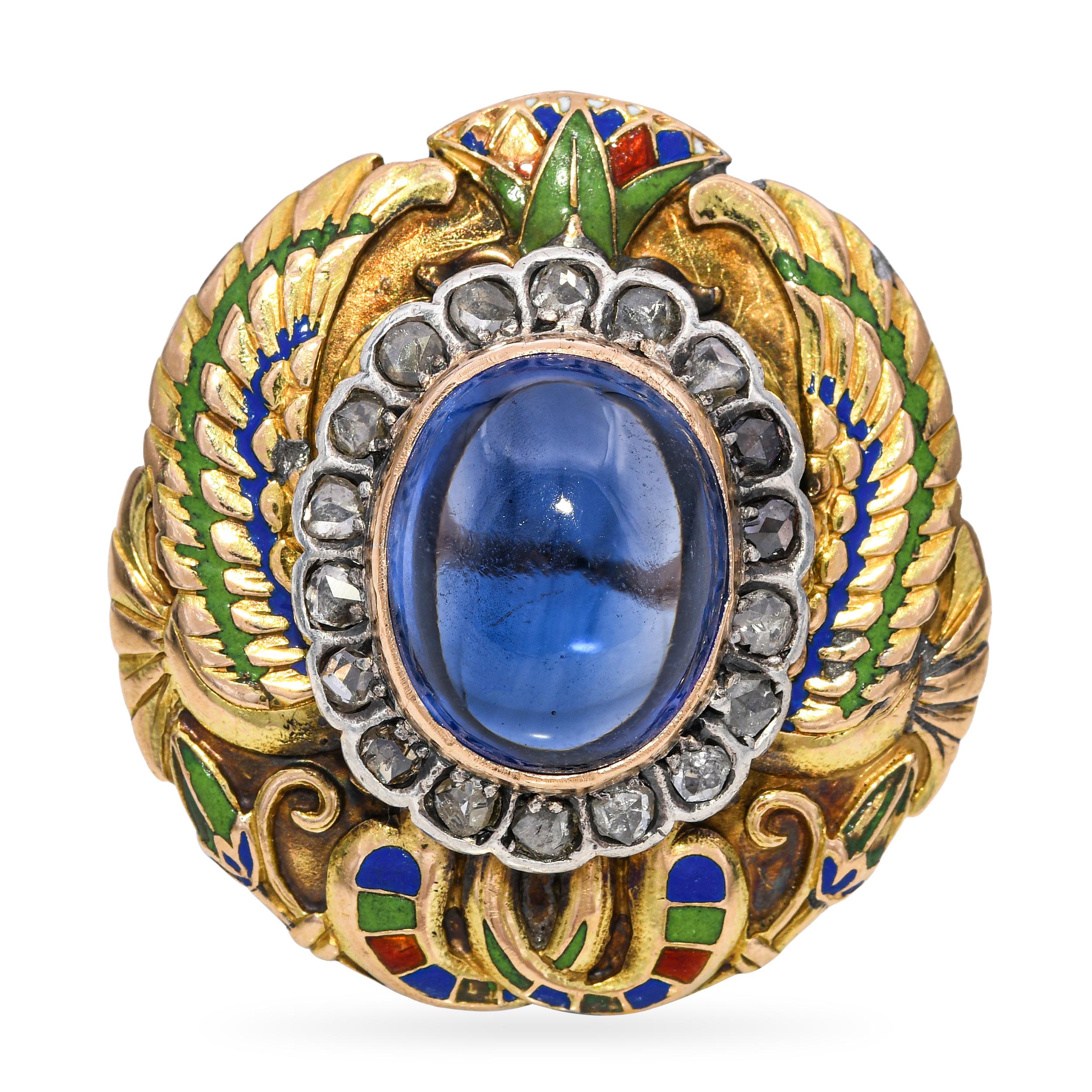 Antique 10k Yellow Gold Enamel Diamond and Sapphire Egyptian Revival Ring