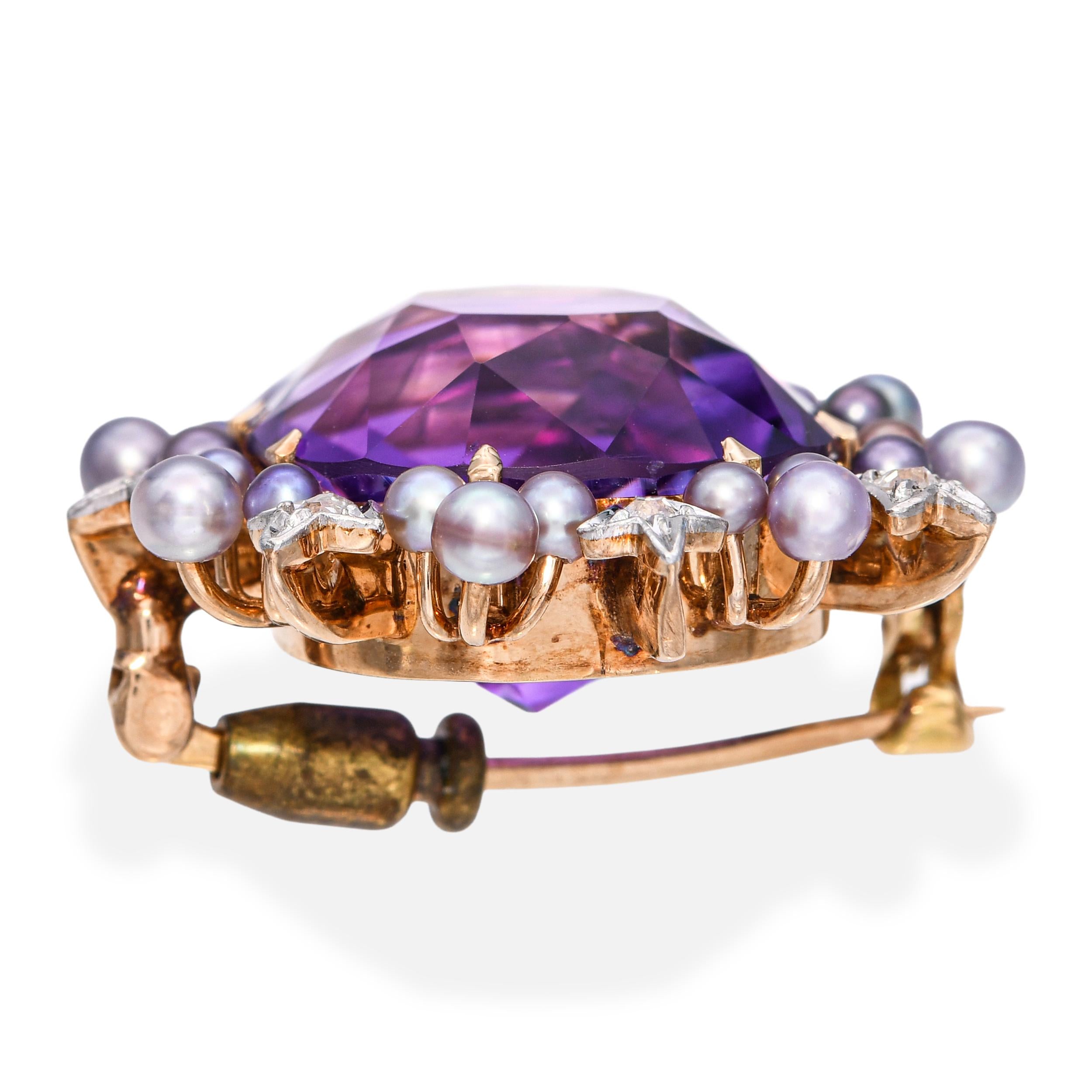 Antique 18k Yellow Gold 16.07ct Amethyst Natural Pearl & Diamond Brooch