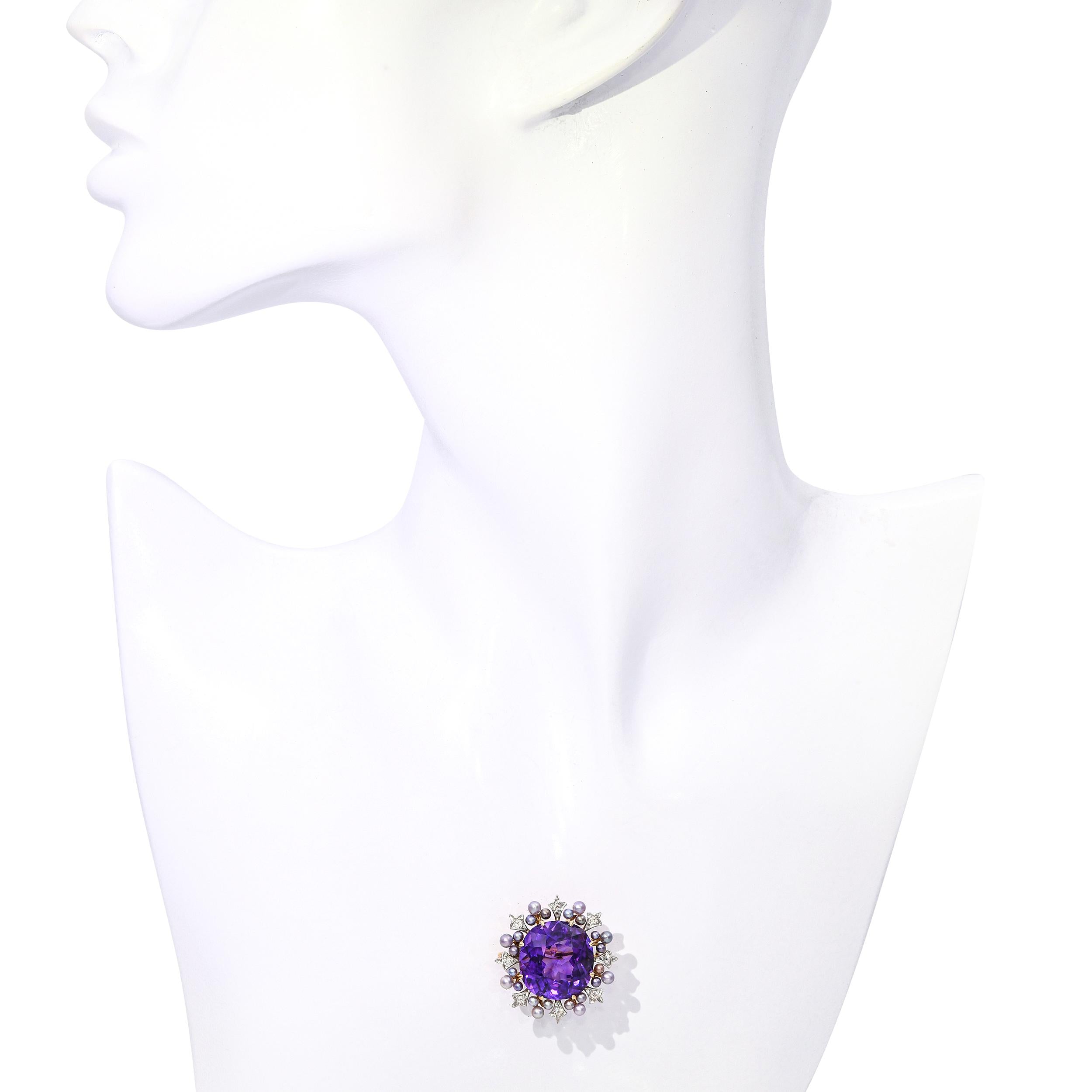 Antique 18k Yellow Gold 16.07ct Amethyst Natural Pearl & Diamond Brooch
