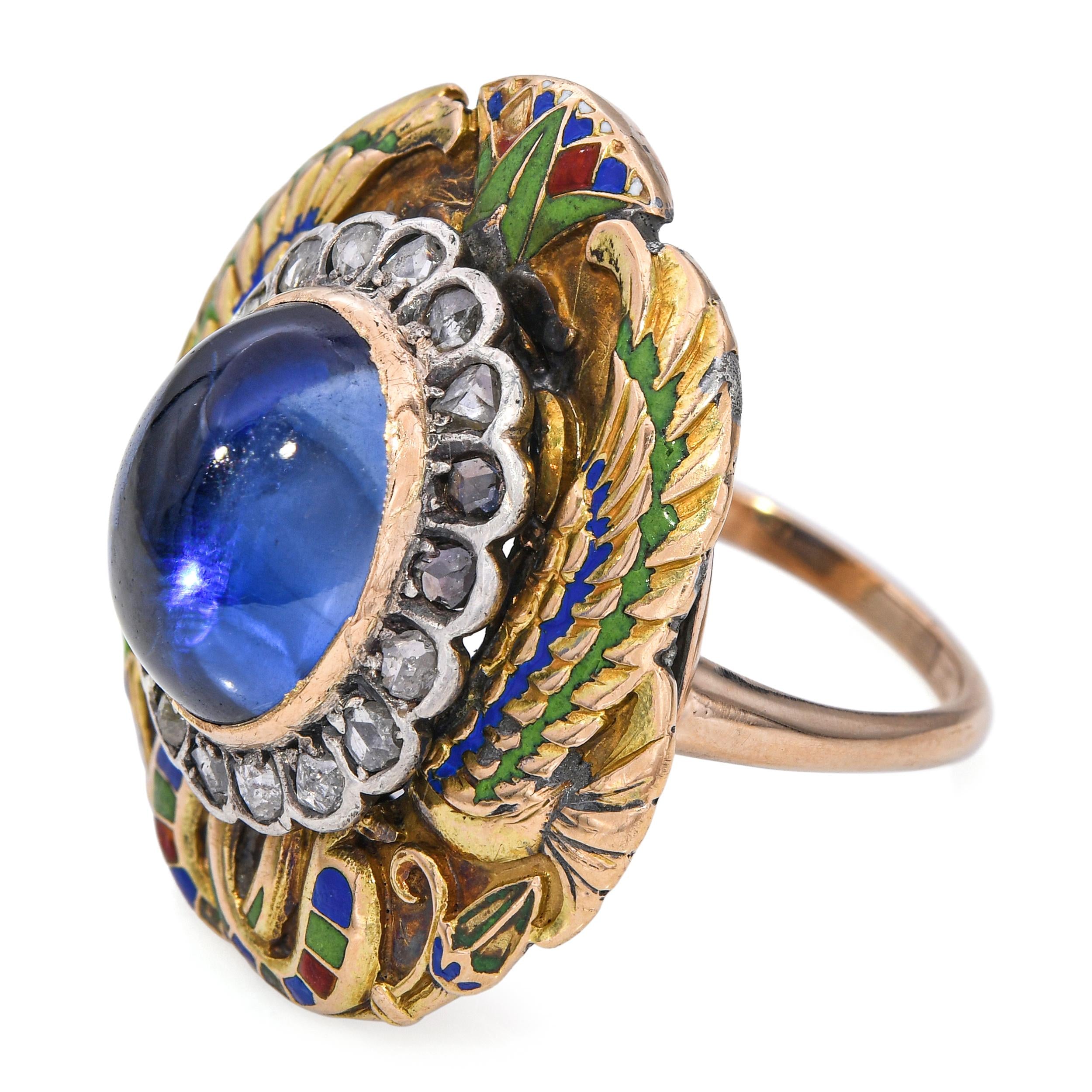 Antique 10k Yellow Gold Enamel Diamond and Sapphire Egyptian Revival Ring