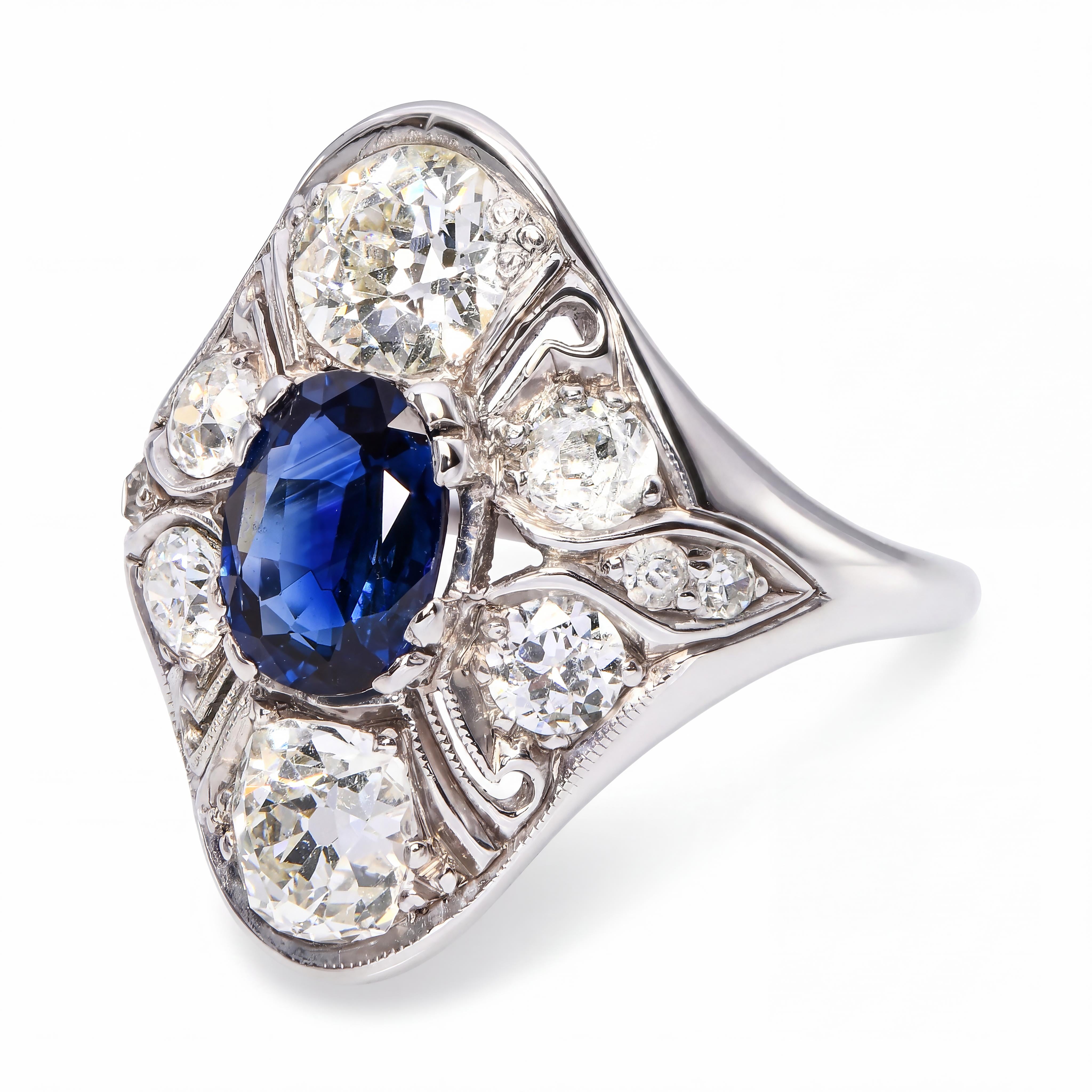 Art Deco Palladium Deep Blue Sapphire & Old Euro Diamond Ring