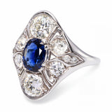 Art Deco Palladium Deep Blue Sapphire & Old Euro Diamond Ring