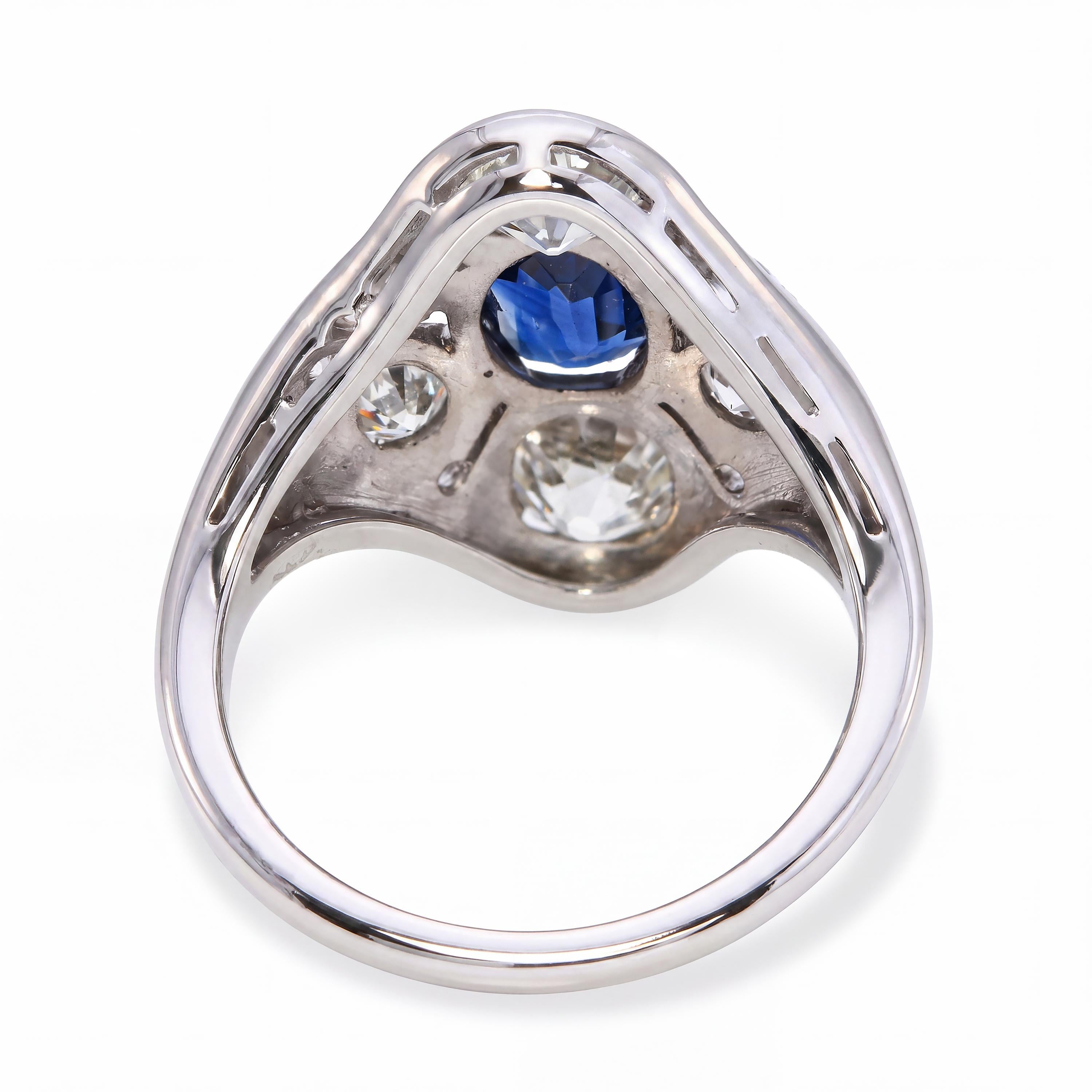 Art Deco Palladium Deep Blue Sapphire & Old Euro Diamond Ring