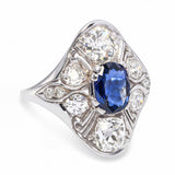 Art Deco Palladium Deep Blue Sapphire & Old Euro Diamond Ring