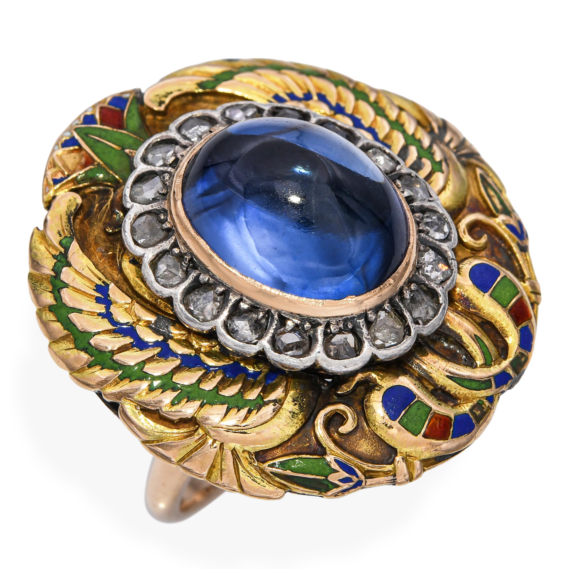 Antique 10k Yellow Gold Enamel Diamond and Sapphire Egyptian Revival Ring