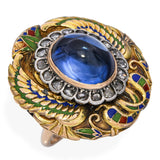 Antique 10k Yellow Gold Enamel Diamond and Sapphire Egyptian Revival Ring