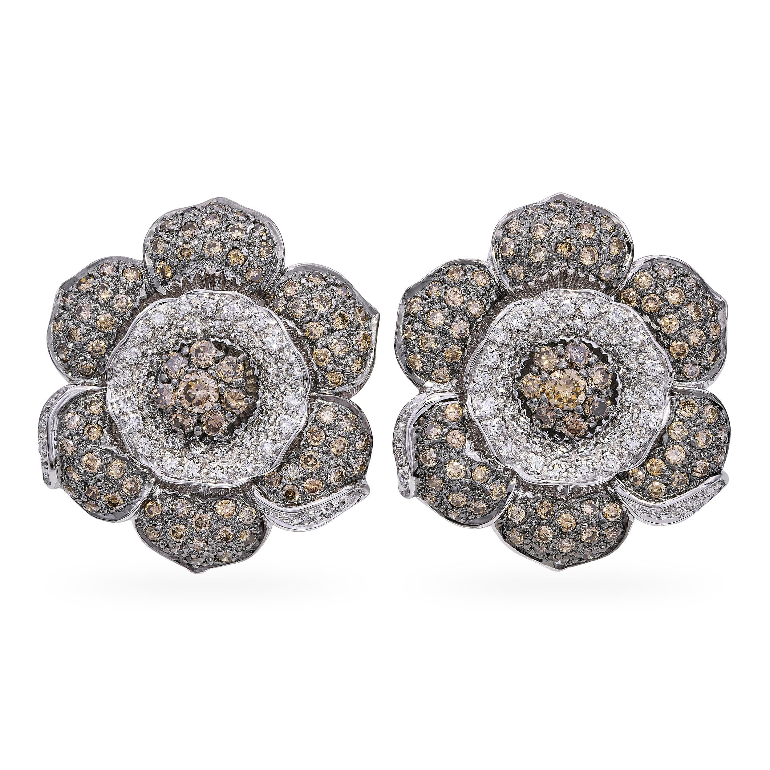 18k White Gold 3.22tcw Brown & White Diamond Flower Omega Back Earrings
