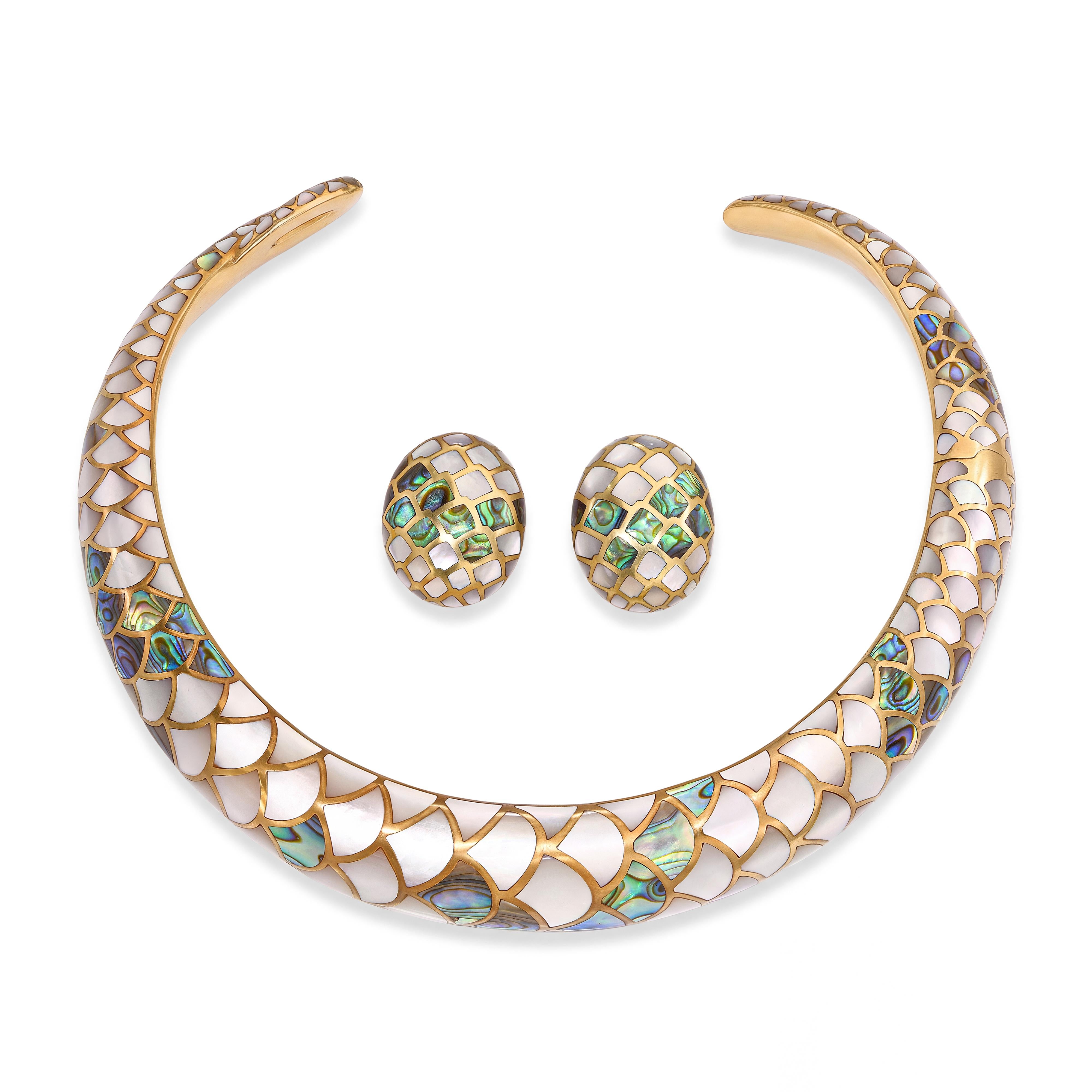 Vintage 1984 Angela Cummings 18k Yellow Gold MOP & Abalone Snakeskin Jewlery Set