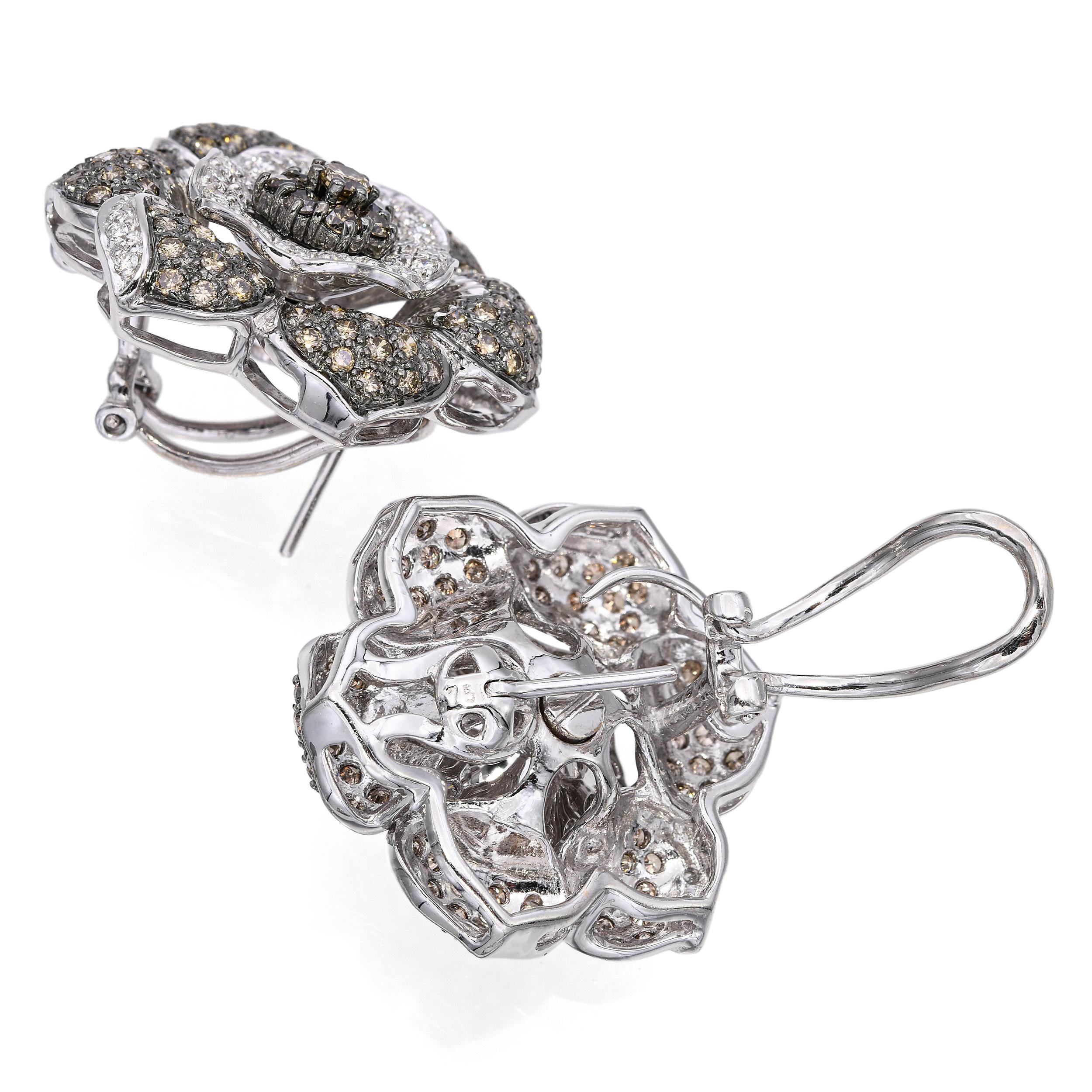 18k White Gold 3.22tcw Brown & White Diamond Flower Omega Back Earrings