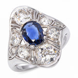 Art Deco Palladium Deep Blue Sapphire & Old Euro Diamond Ring