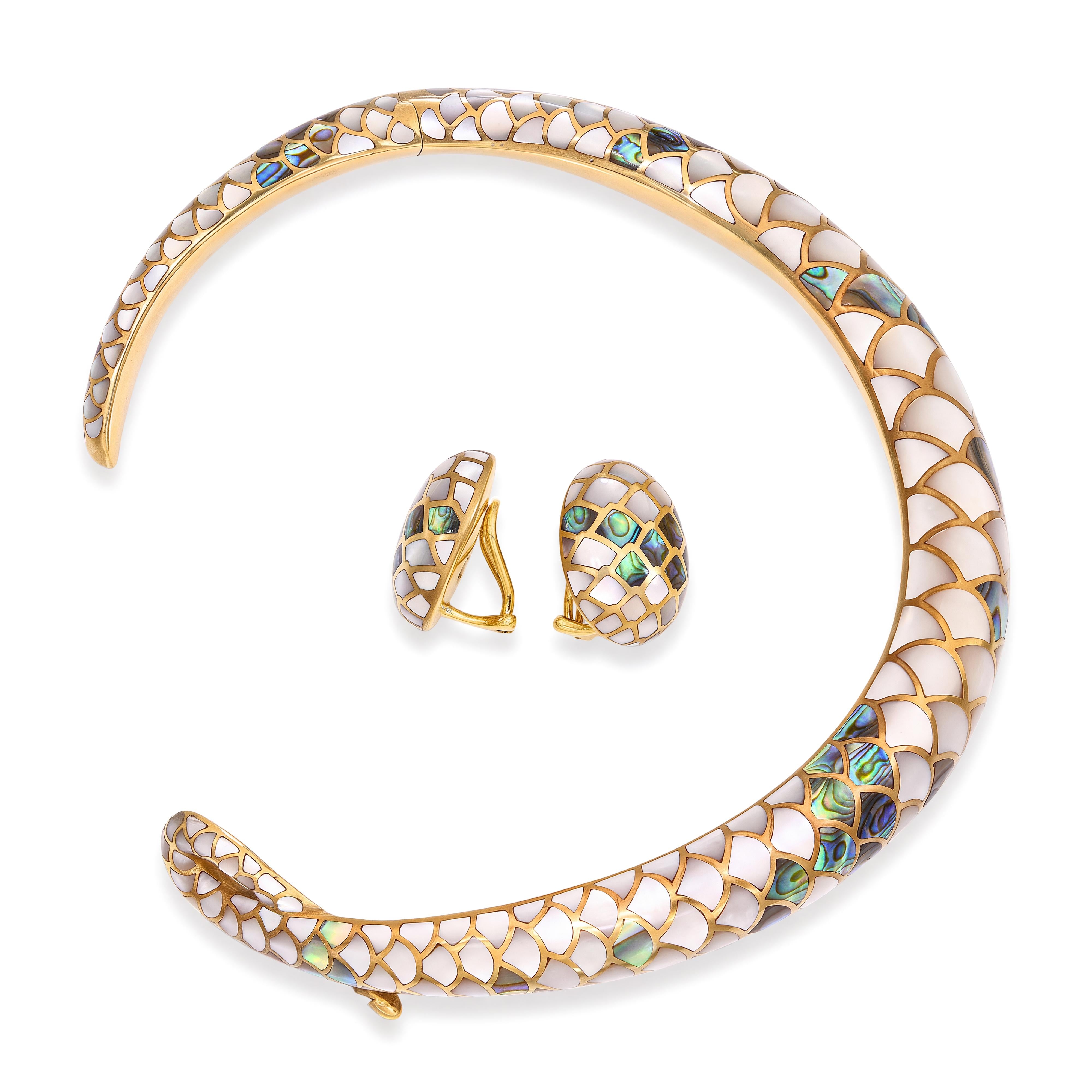 Vintage 1984 Angela Cummings 18k Yellow Gold MOP & Abalone Snakeskin Jewlery Set