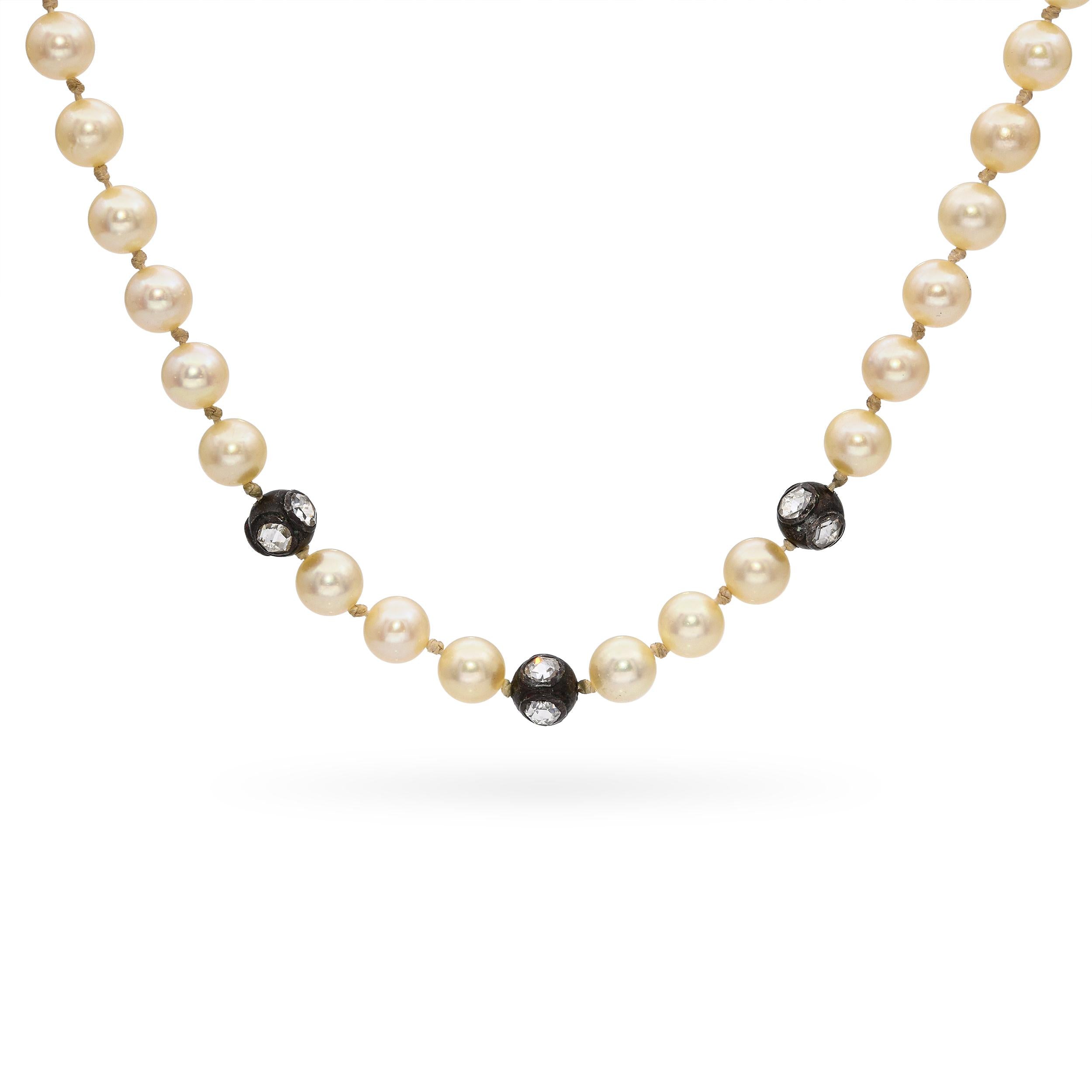 Antique 14k Yellow & White Gold Rose Cut Diamond Beads and Pearl Necklace
