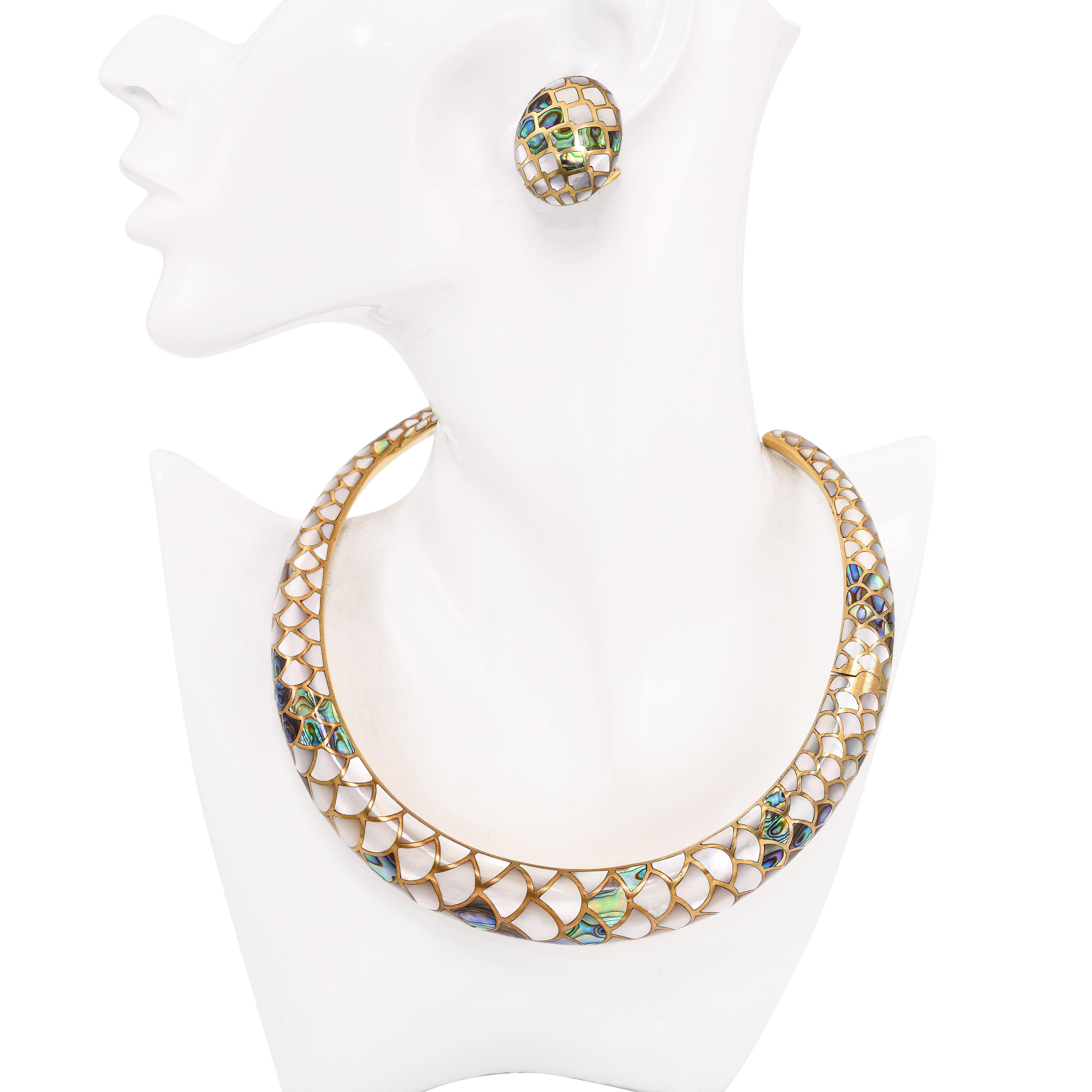 Vintage 1984 Angela Cummings 18k Yellow Gold MOP & Abalone Snakeskin Jewlery Set