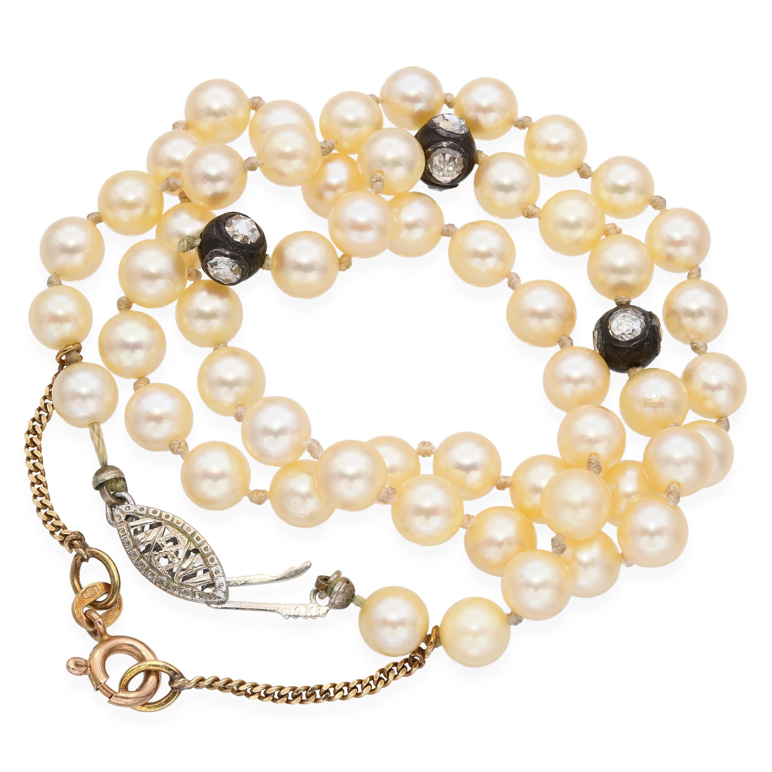 Antique 14k Yellow & White Gold Rose Cut Diamond Beads and Pearl Necklace