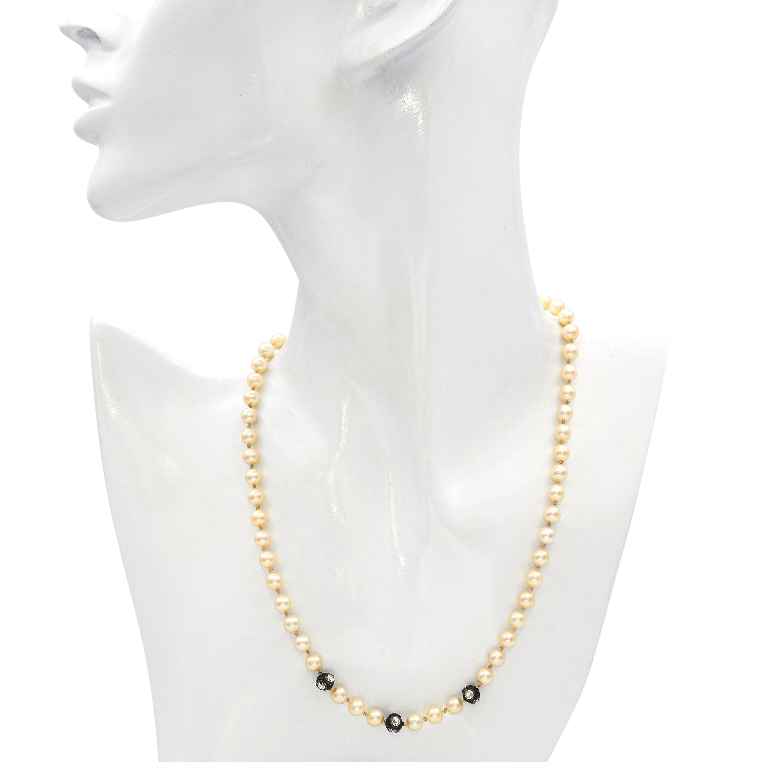 Antique 14k Yellow & White Gold Rose Cut Diamond Beads and Pearl Necklace