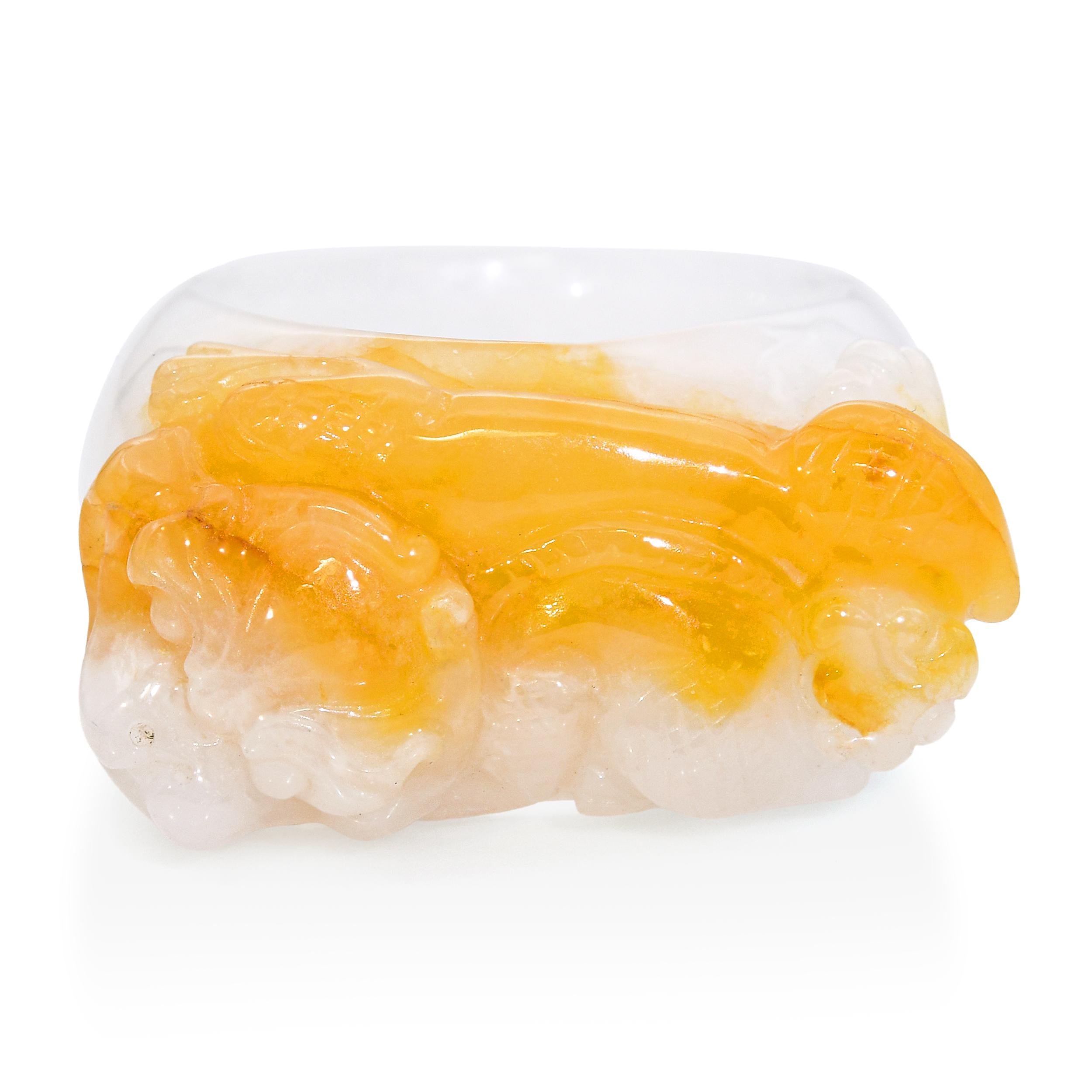 GIA Variegated White and Orangey Yellow Jadeite Jade Dragon Carved Ring