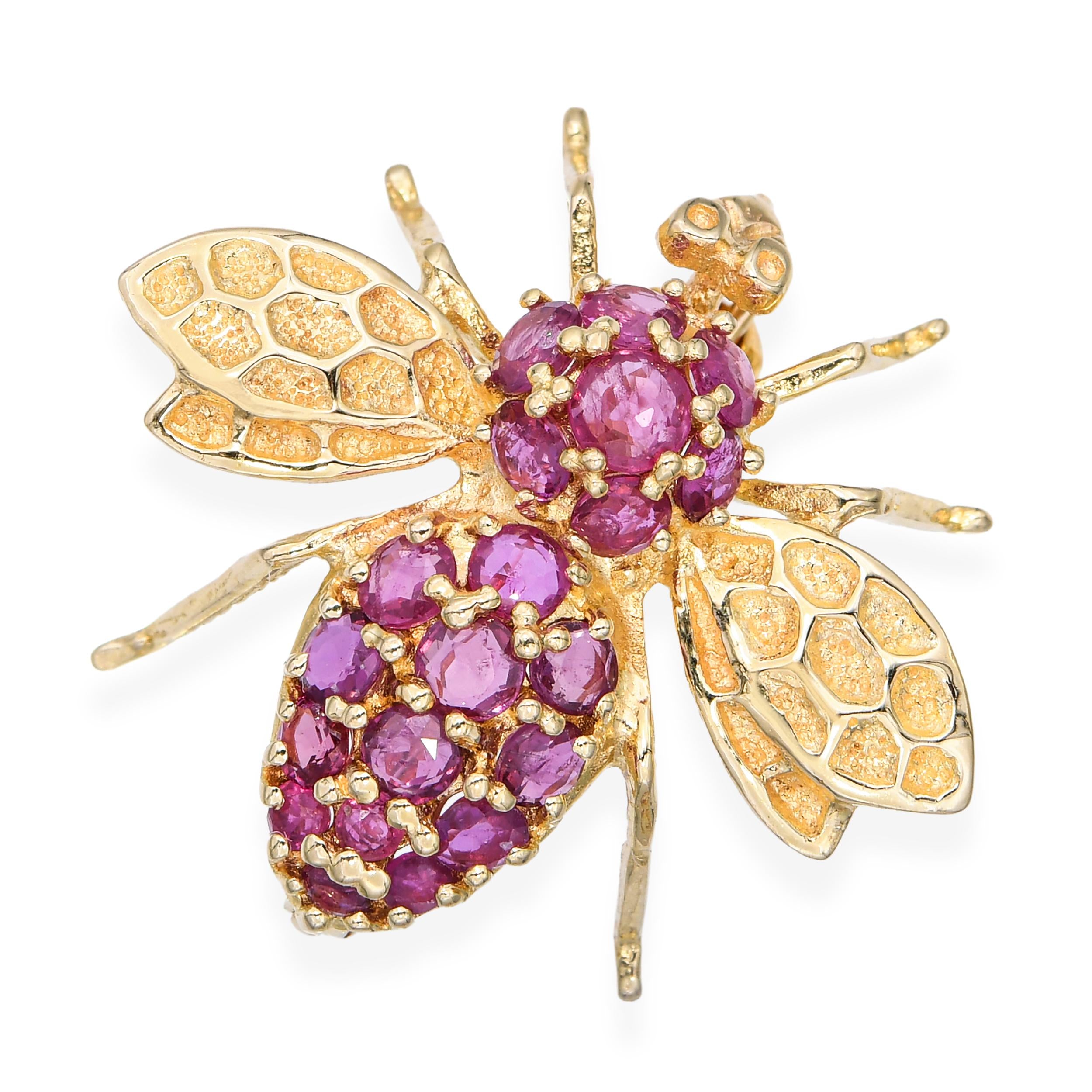 Vintage 14k Yellow Gold 1.11tcw Pink Sapphire Bee Brooch