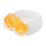 GIA Variegated White and Orangey Yellow Jadeite Jade Dragon Carved Ring