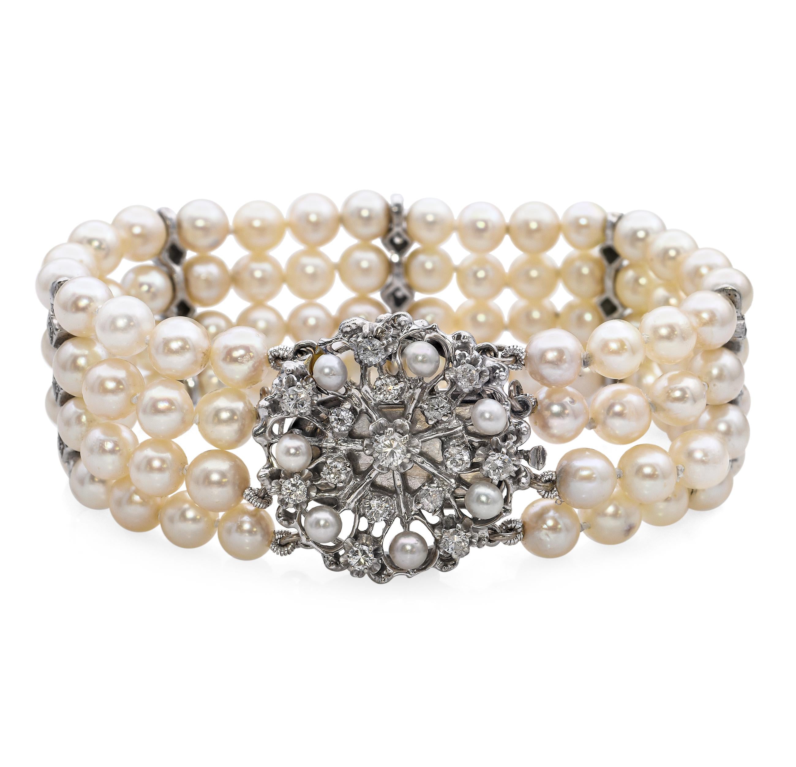 Vintage 14K White Gold Diamond and Pearl Multi Strand Bracelet