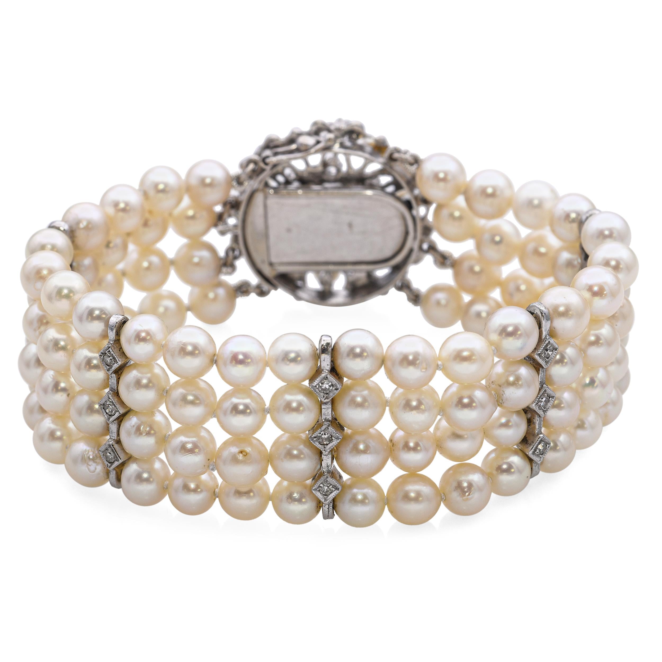 Vintage 14K White Gold Diamond and Pearl Multi Strand Bracelet