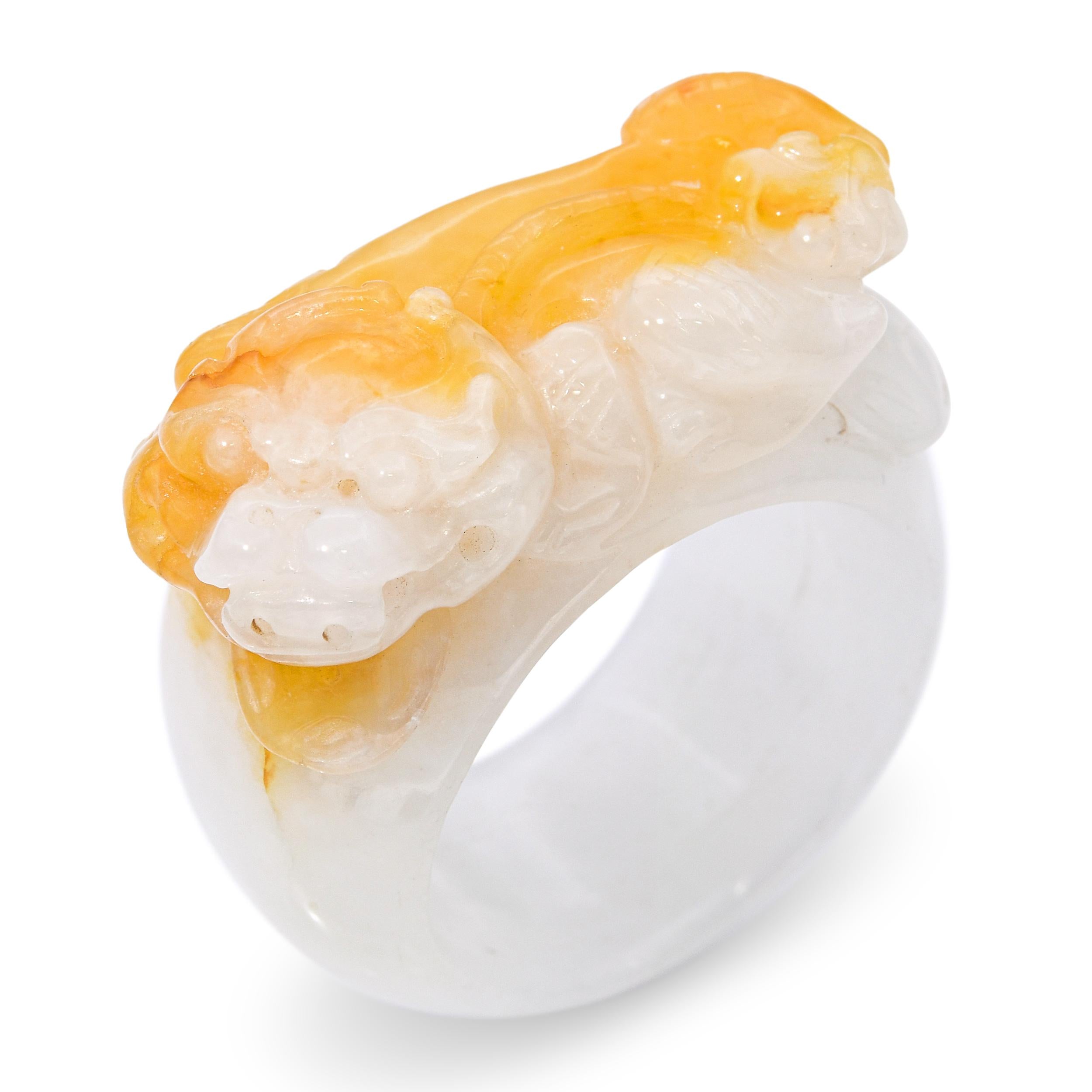 GIA Variegated White and Orangey Yellow Jadeite Jade Dragon Carved Ring