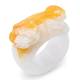 GIA Variegated White and Orangey Yellow Jadeite Jade Dragon Carved Ring