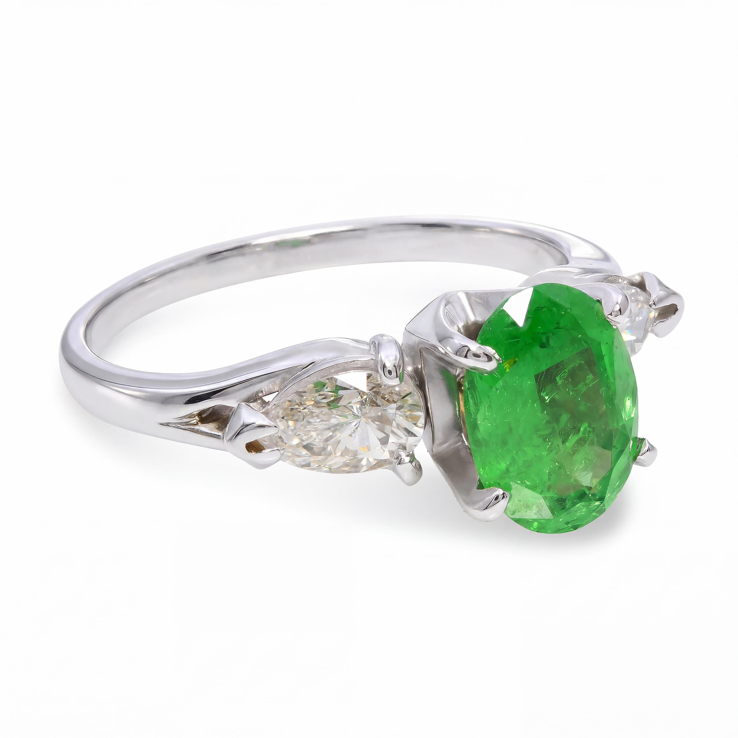 14k White Gold 1.75ct Neon Green Tsavorite Garnet & Diamond Ring