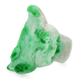 GIA Type A Variegated White and Green Jadeite Jade Carved Dragon Ring