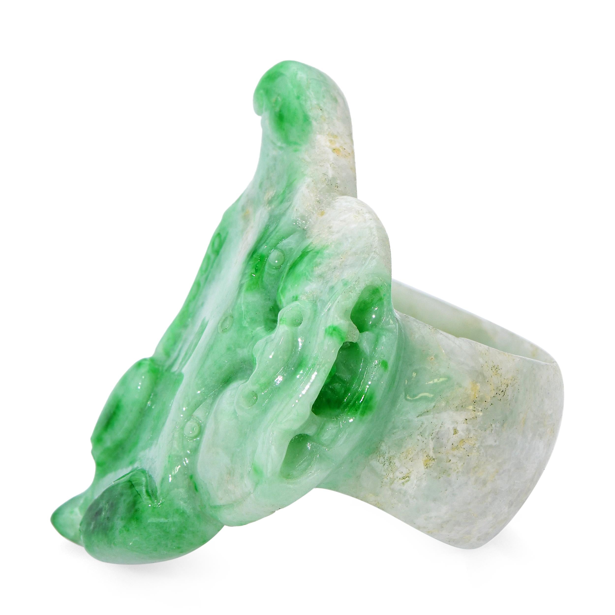 GIA Type A Variegated White and Green Jadeite Jade Carved Dragon Ring