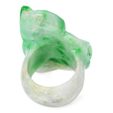GIA Type A Variegated White and Green Jadeite Jade Carved Dragon Ring