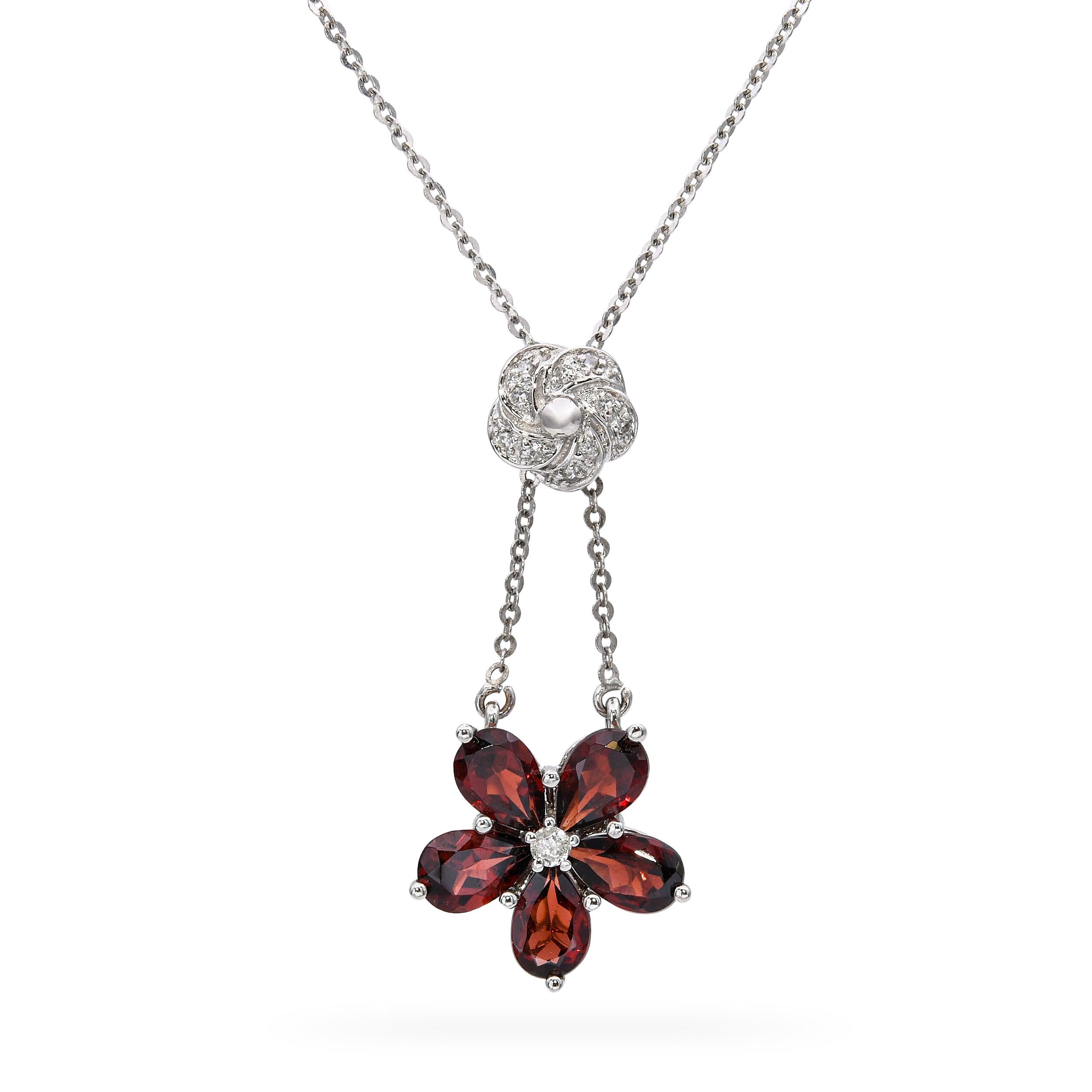 14k White Gold Garnet and Diamond Flower Necklace