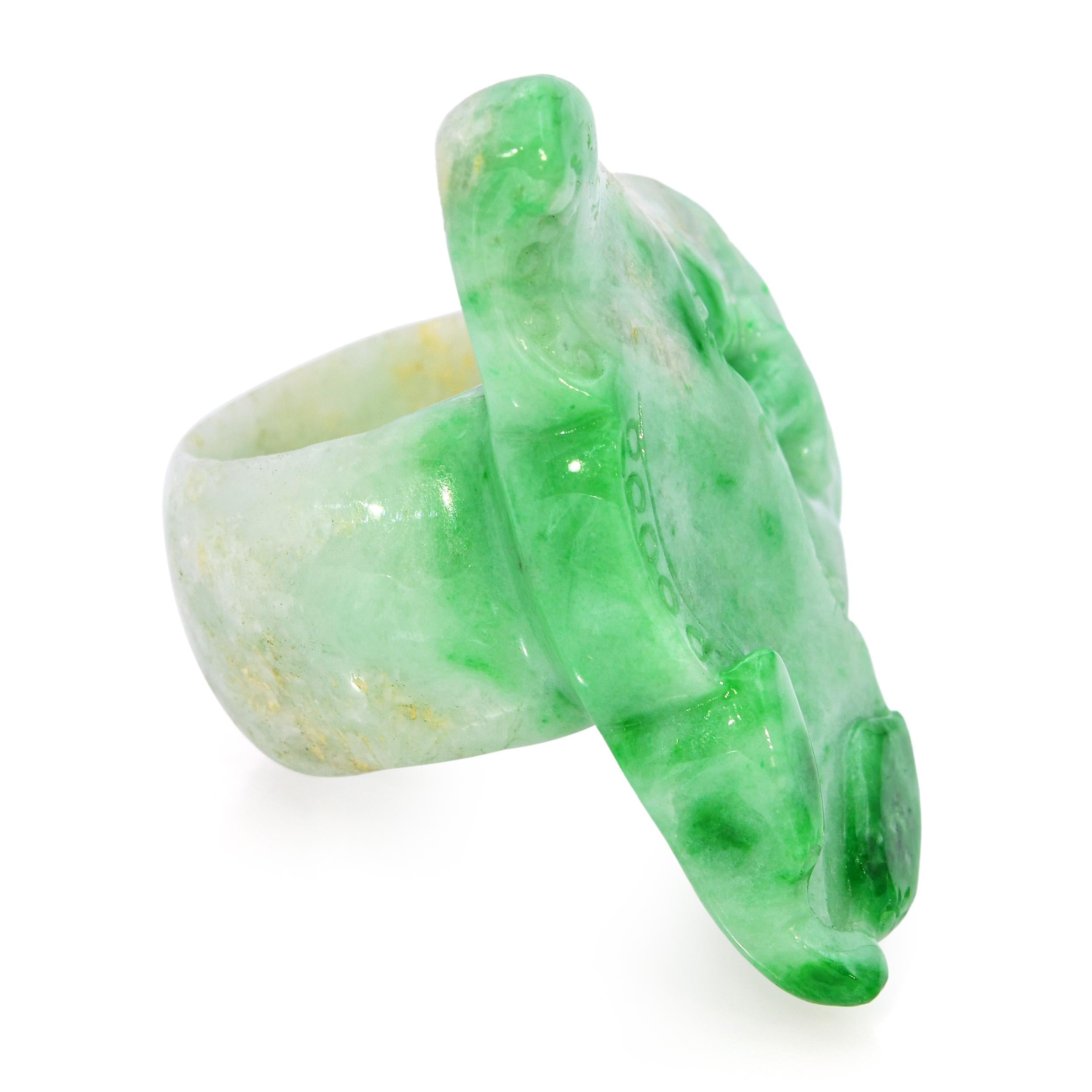 GIA Type A Variegated White and Green Jadeite Jade Carved Dragon Ring