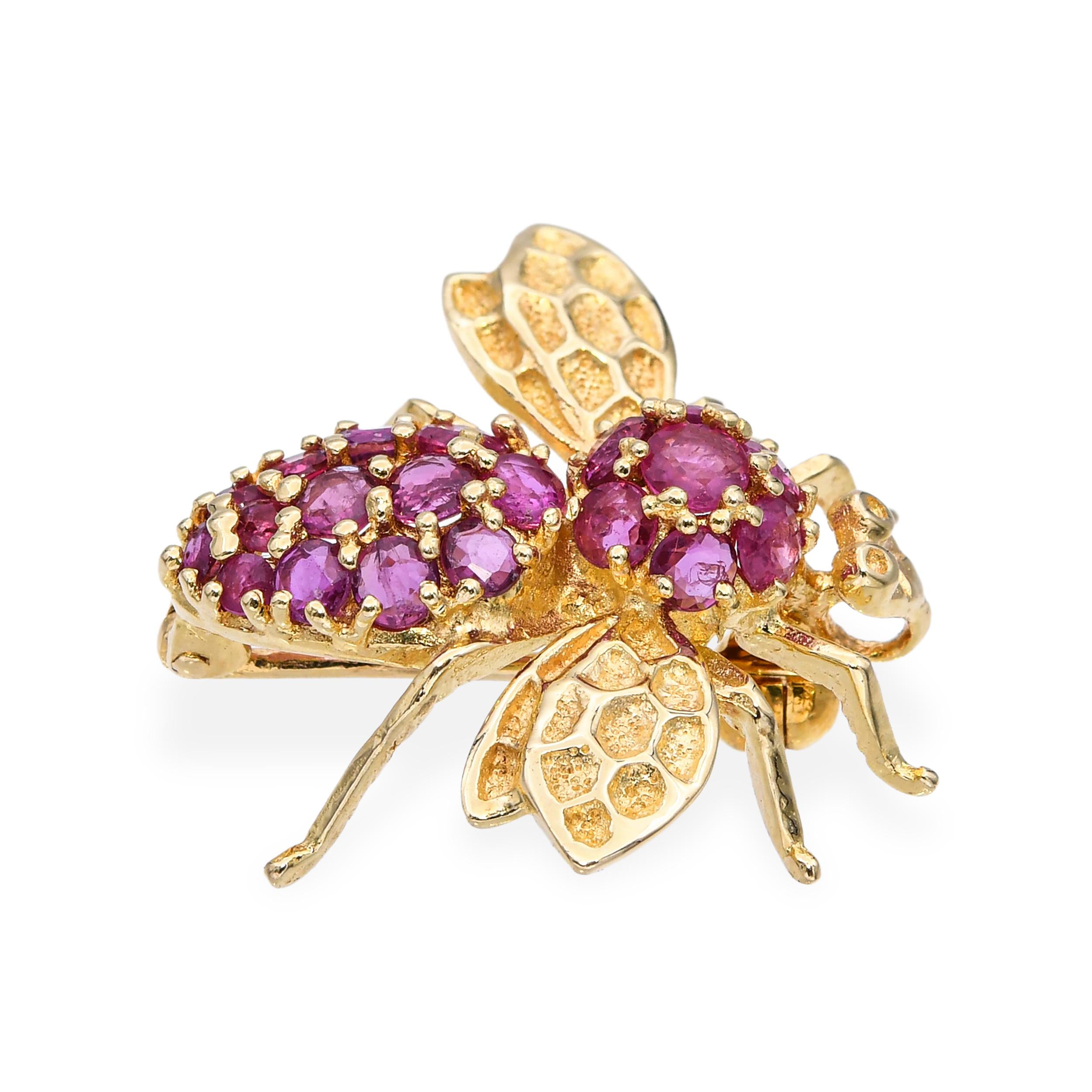 Vintage 14k Yellow Gold 1.11tcw Pink Sapphire Bee Brooch