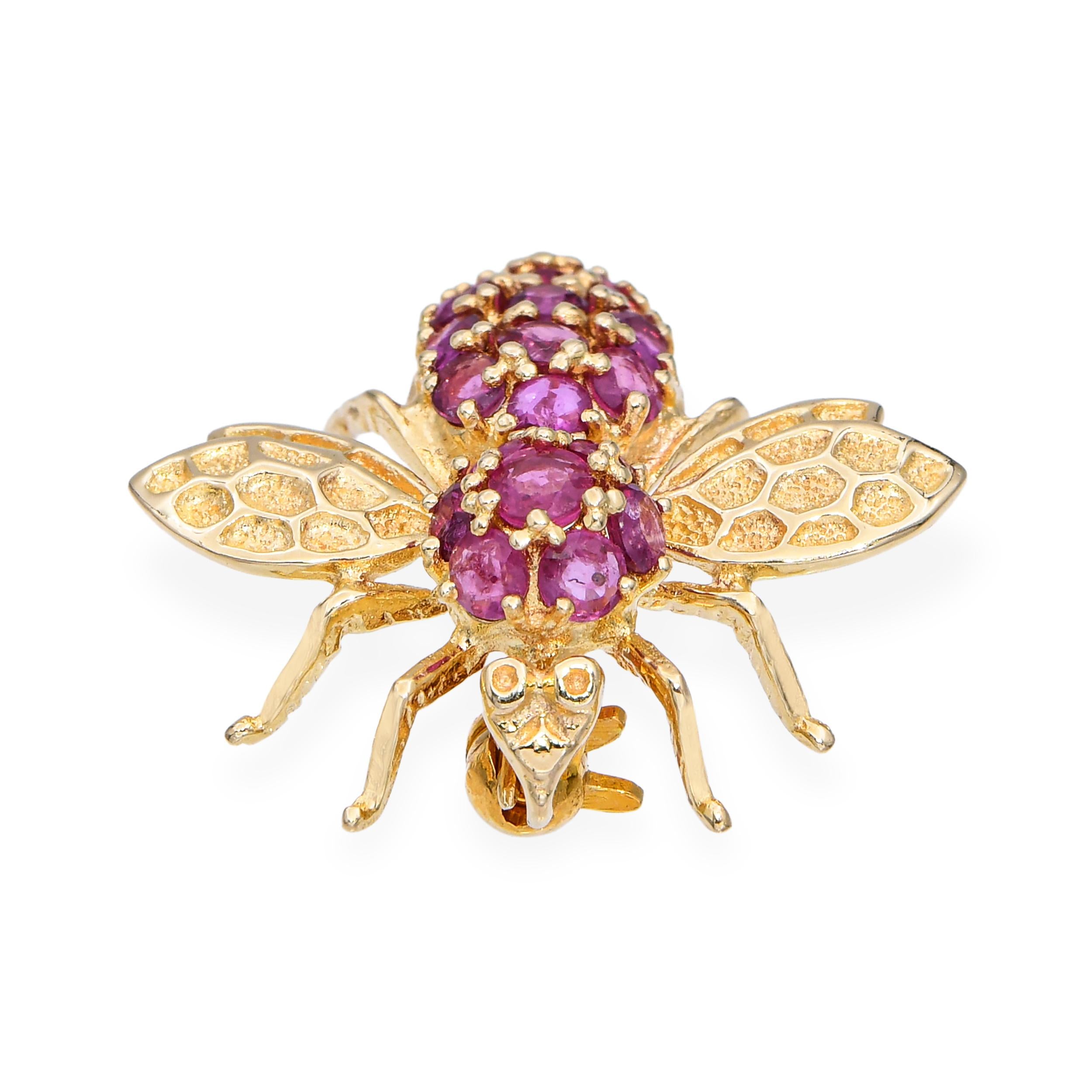 Vintage 14k Yellow Gold 1.11tcw Pink Sapphire Bee Brooch
