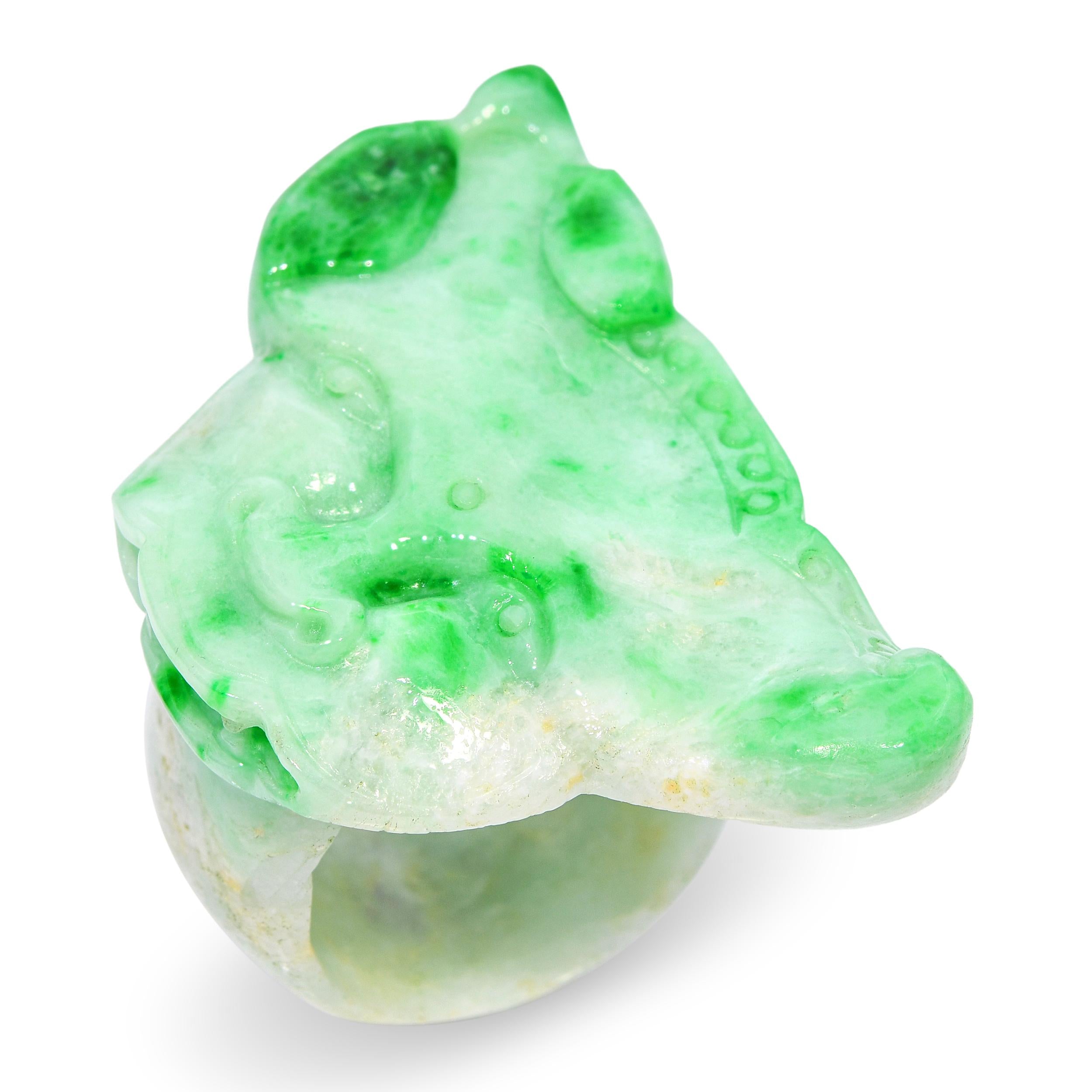 GIA Type A Variegated White and Green Jadeite Jade Carved Dragon Ring