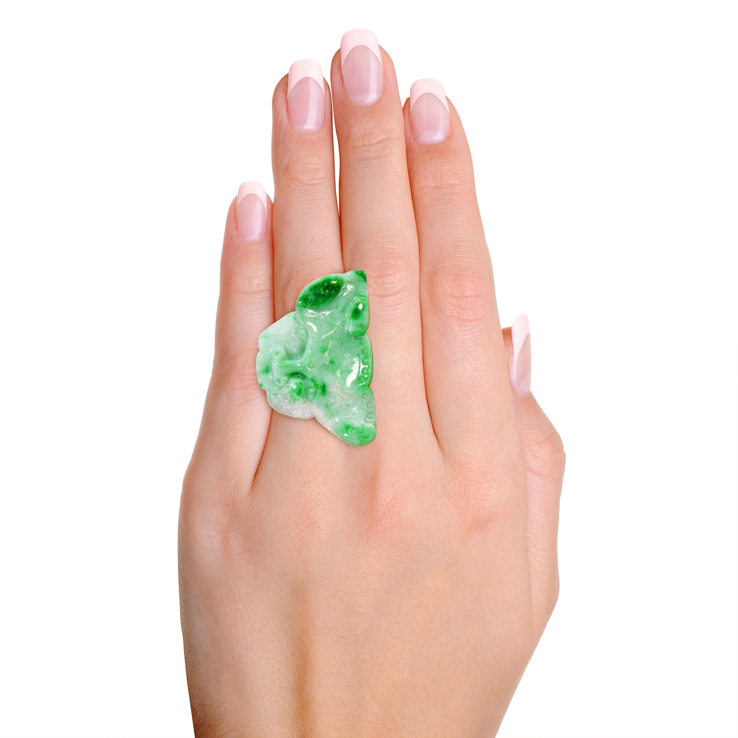 GIA Type A Variegated White and Green Jadeite Jade Carved Dragon Ring