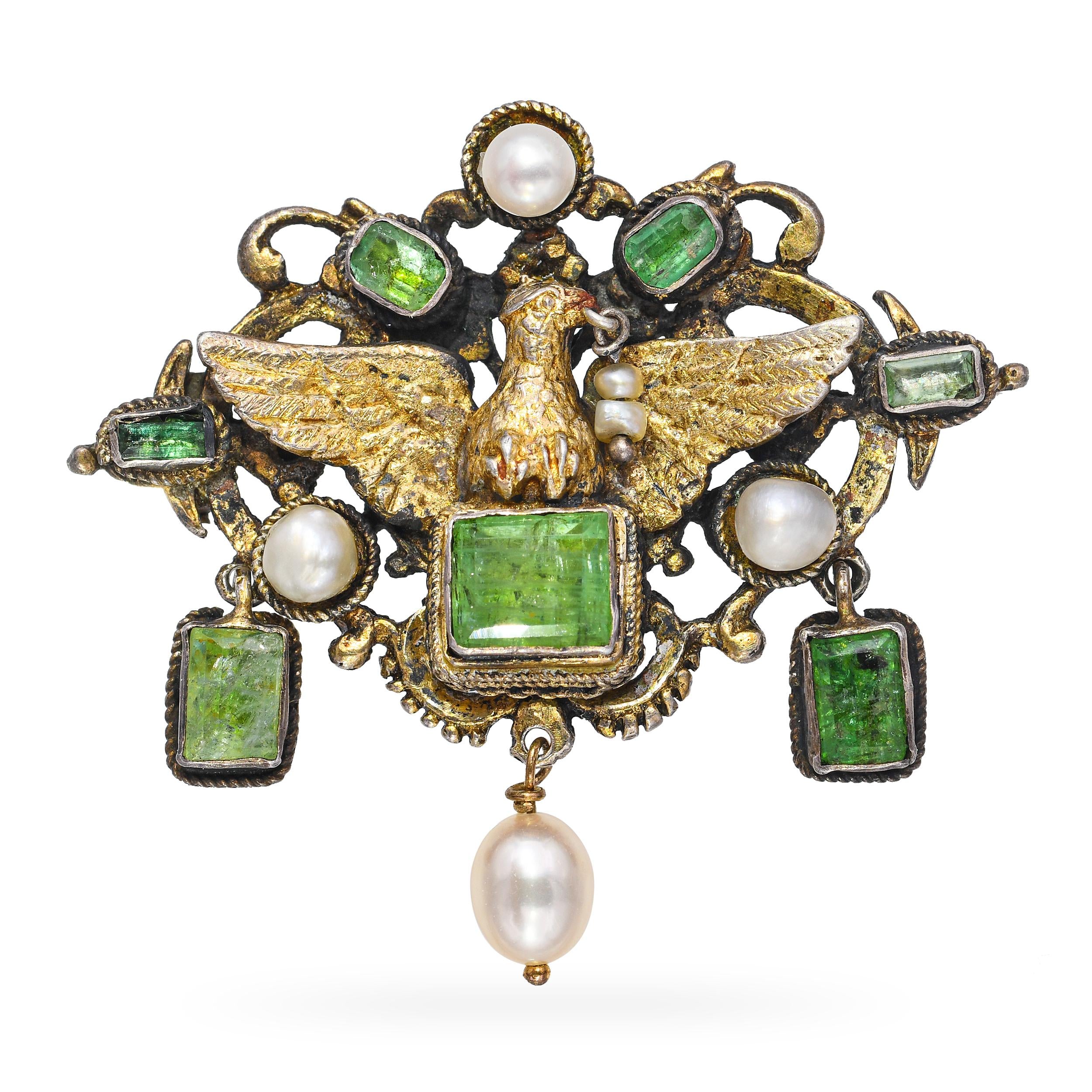 Antique Austro-Hungarian Vermeil Emerald & Pearl Eagle Brooch