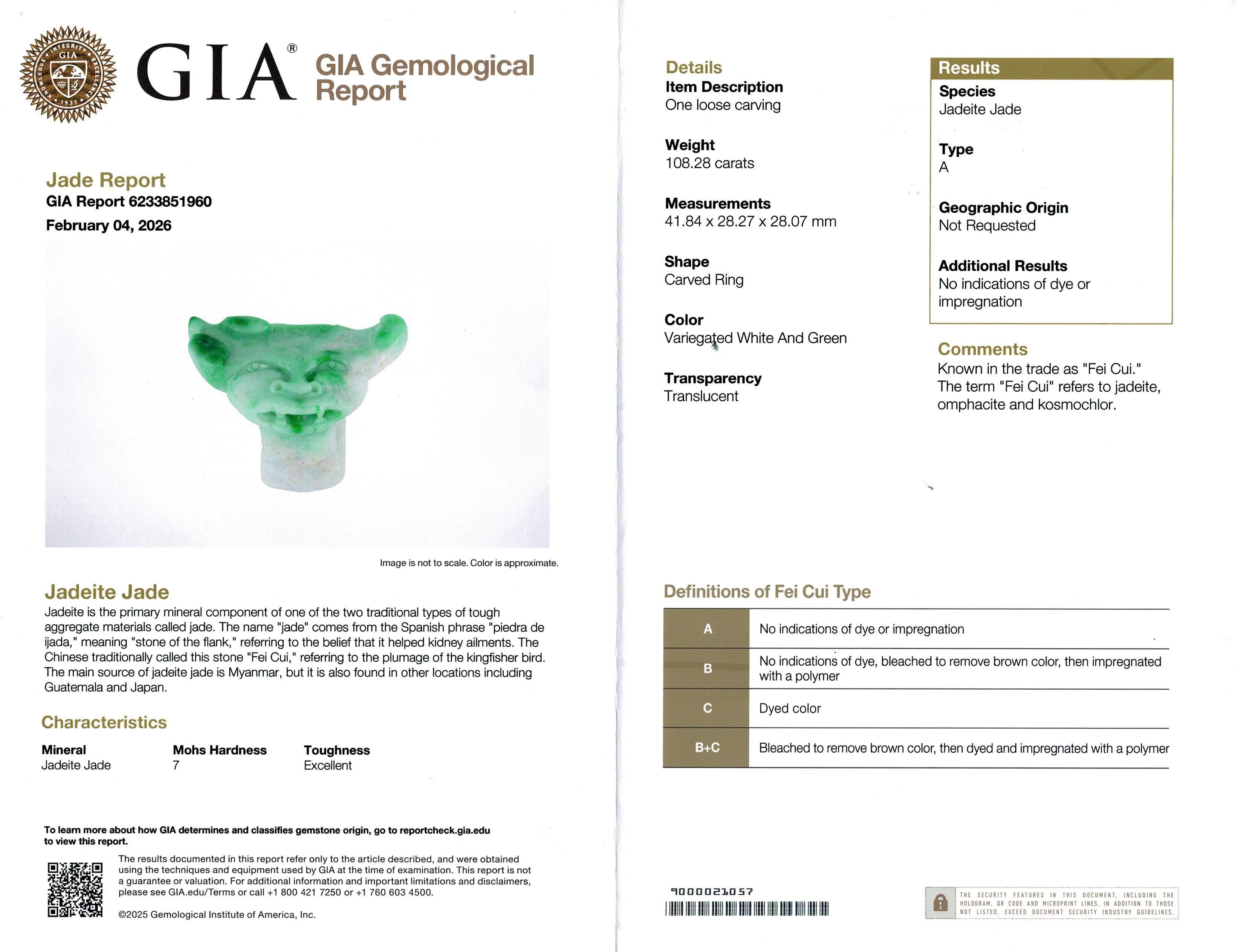 GIA Type A Variegated White and Green Jadeite Jade Carved Dragon Ring
